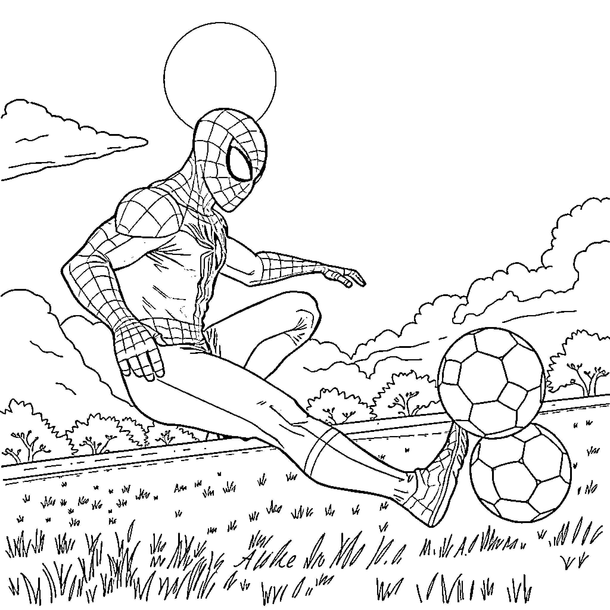 Spiderman playing soccer in an outdoor field Coloring Page (free black-and-white line drawing printable PDF for all, from beginners to advanced learners, including children, teens, adults, and seniors)