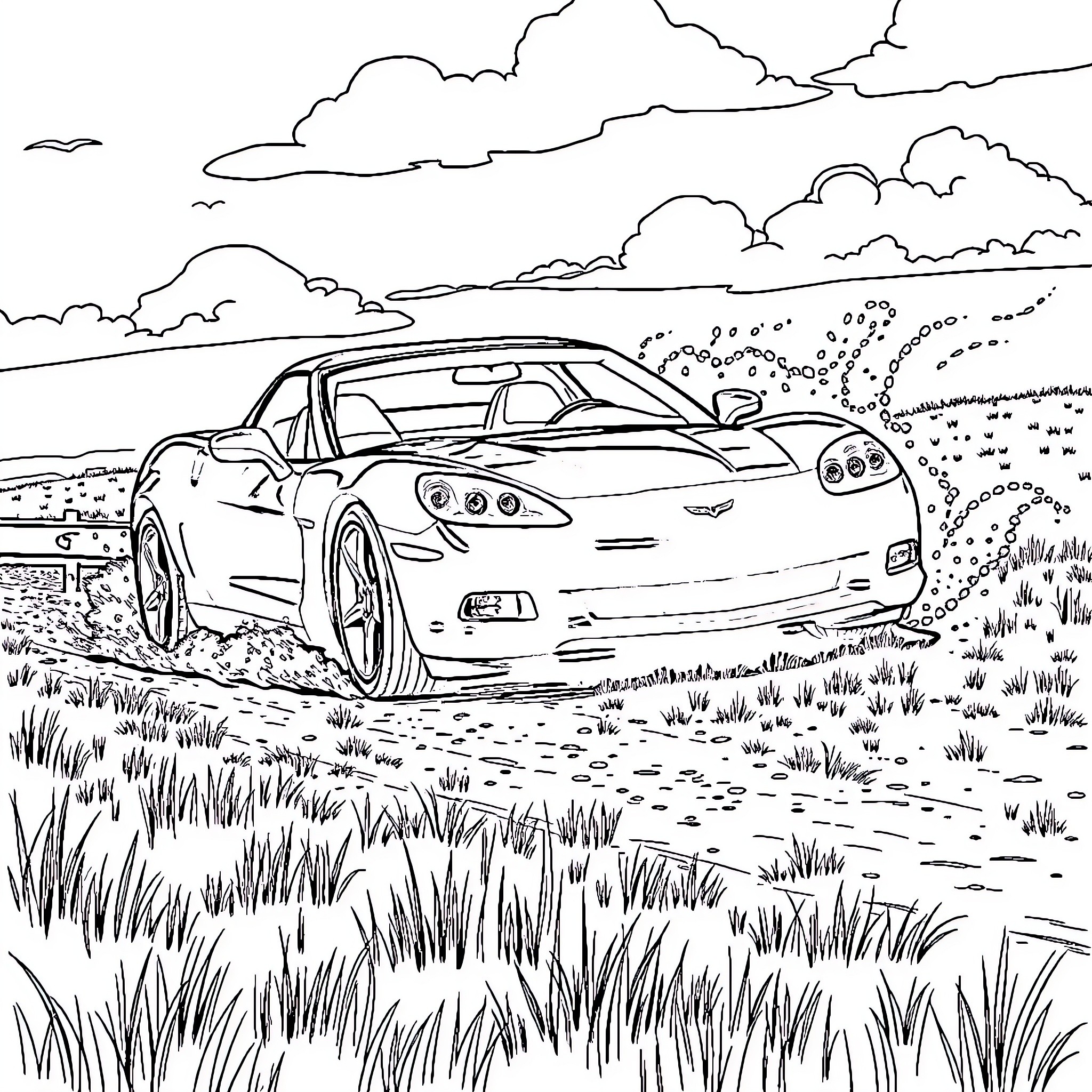 Corvette sports car speeding through grassy field Coloring Page (free black-and-white line drawing printable PDF for all, from beginners to advanced learners, including children, teens, adults, and seniors)