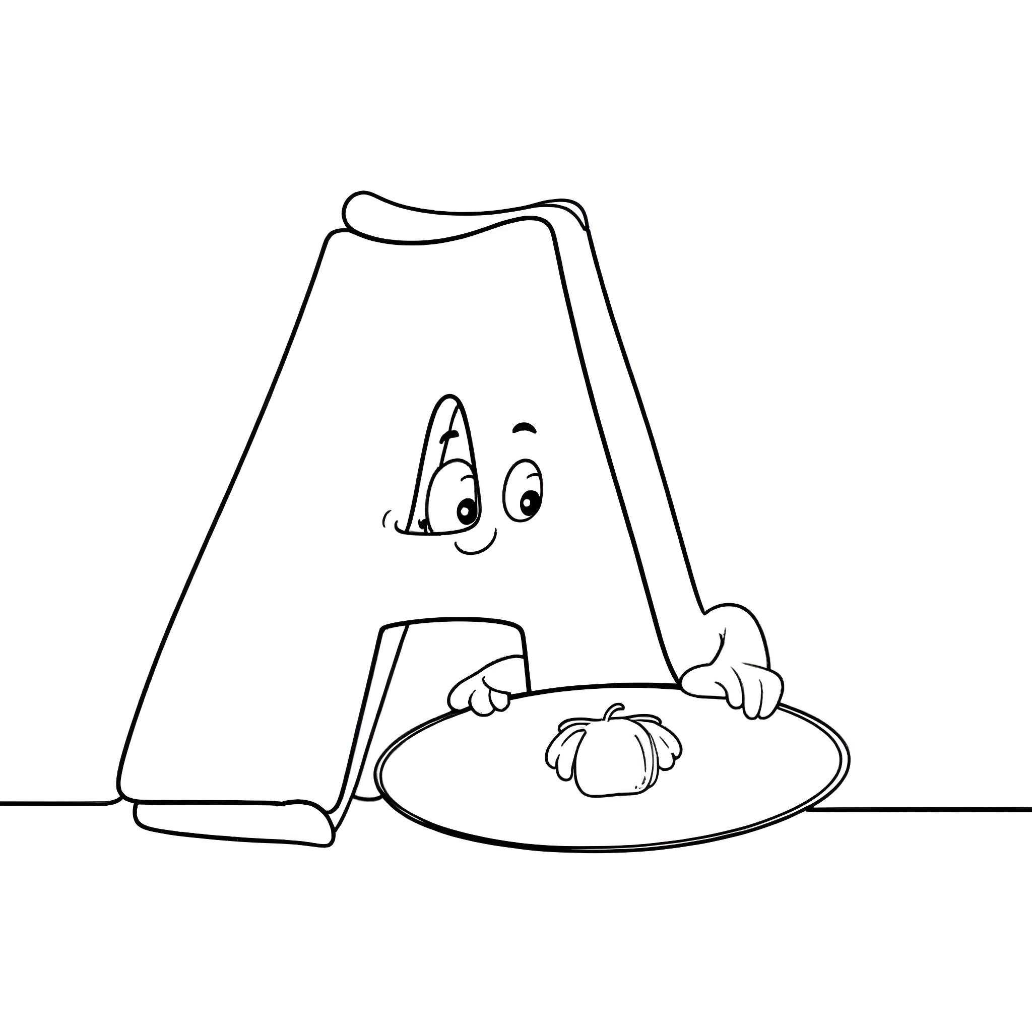 Letter A peeking out from behind a pumpkin Coloring Page (free black-and-white line drawing printable PDF for all, from beginners to advanced learners, including children, teens, adults, and seniors)