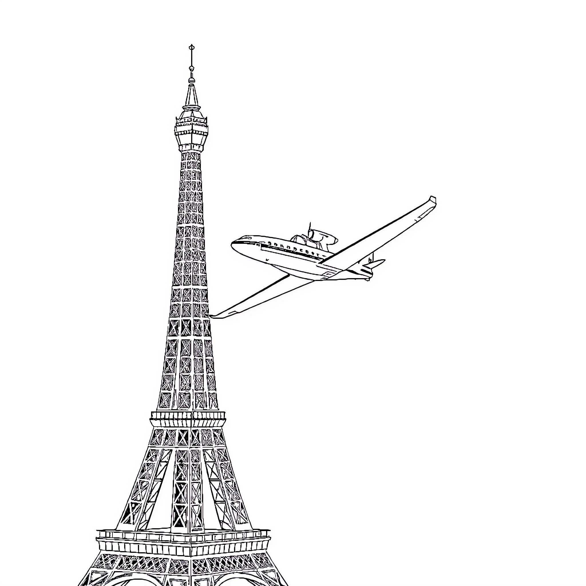 Flying Saucer Soaring Over Iconic Eiffel Tower Coloring Page (free black-and-white line drawing printable PDF for all, from beginners to advanced learners, including children, teens, adults, and seniors)