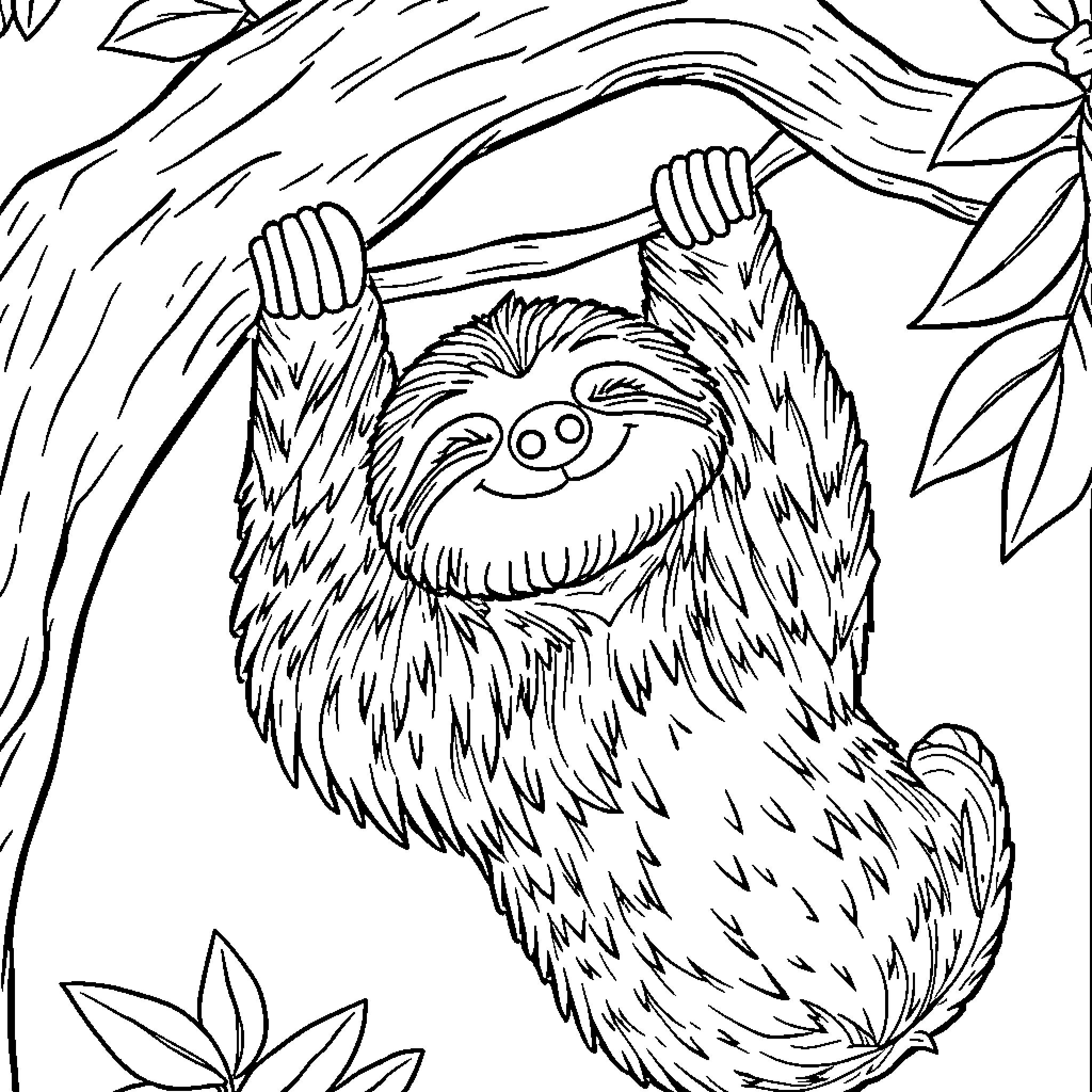 Sloth hanging playfully from tree branch Coloring Page (free black-and-white line drawing printable PDF for all, from beginners to advanced learners, including children, teens, adults, and seniors)