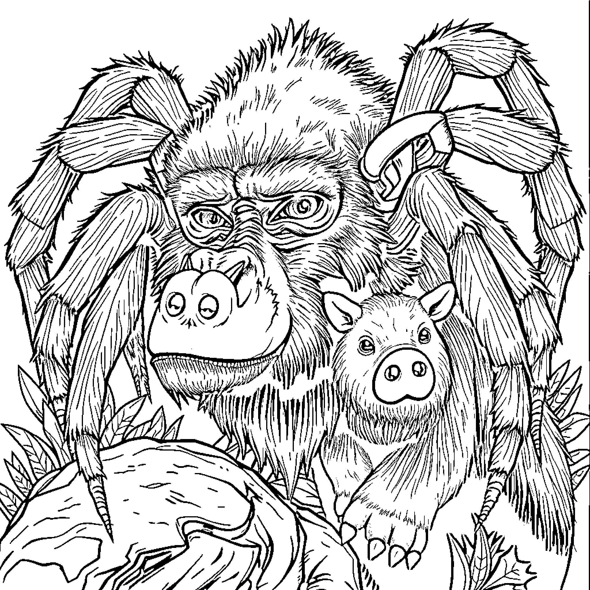Spider Monkey Frolicking in the Foliage Coloring Page (free black-and-white line drawing printable PDF for all, from beginners to advanced learners, including children, teens, adults, and seniors)