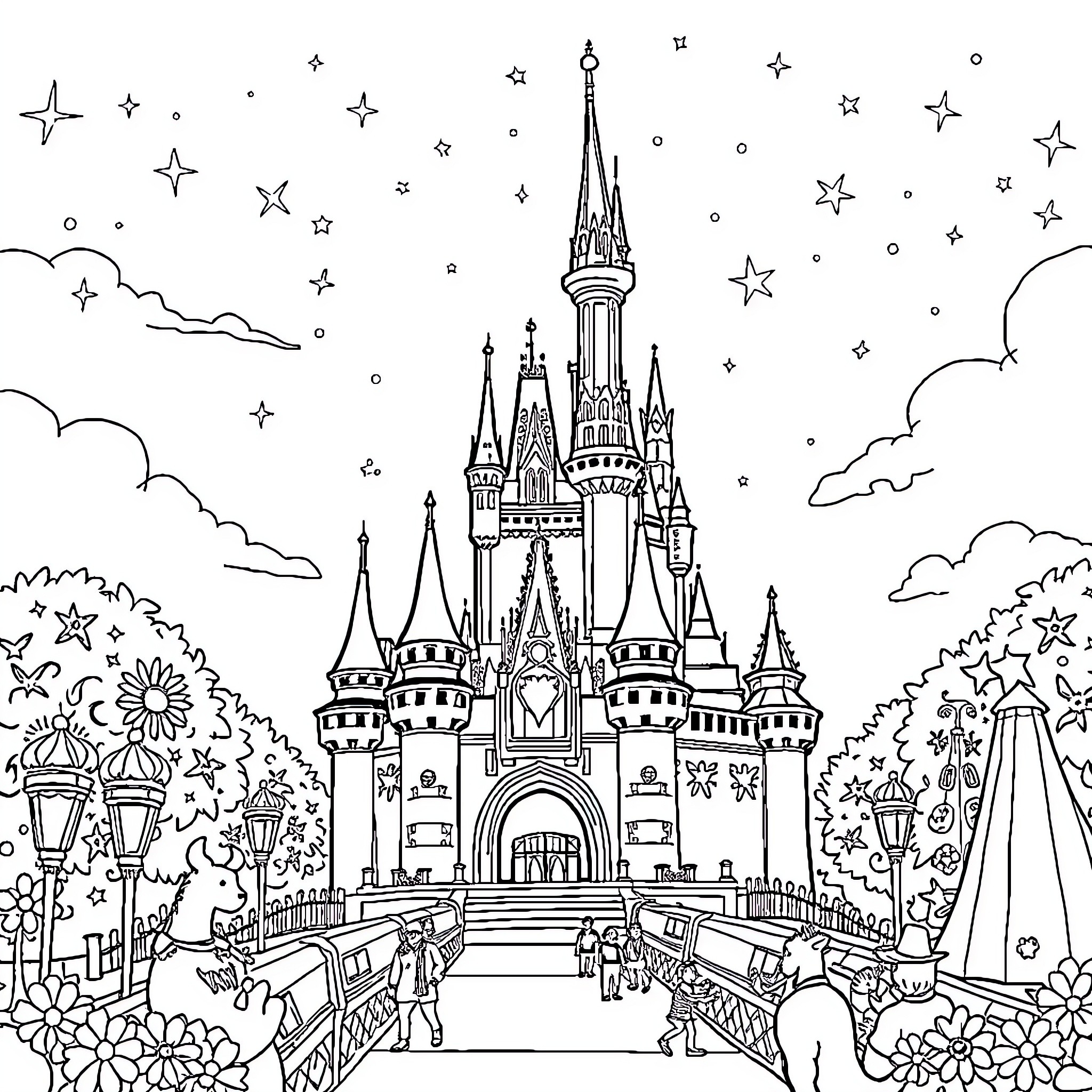 Disney Castle Under Starry Night Sky Coloring Page (free black-and-white line drawing printable PDF for all, from beginners to advanced learners, including children, teens, adults, and seniors)