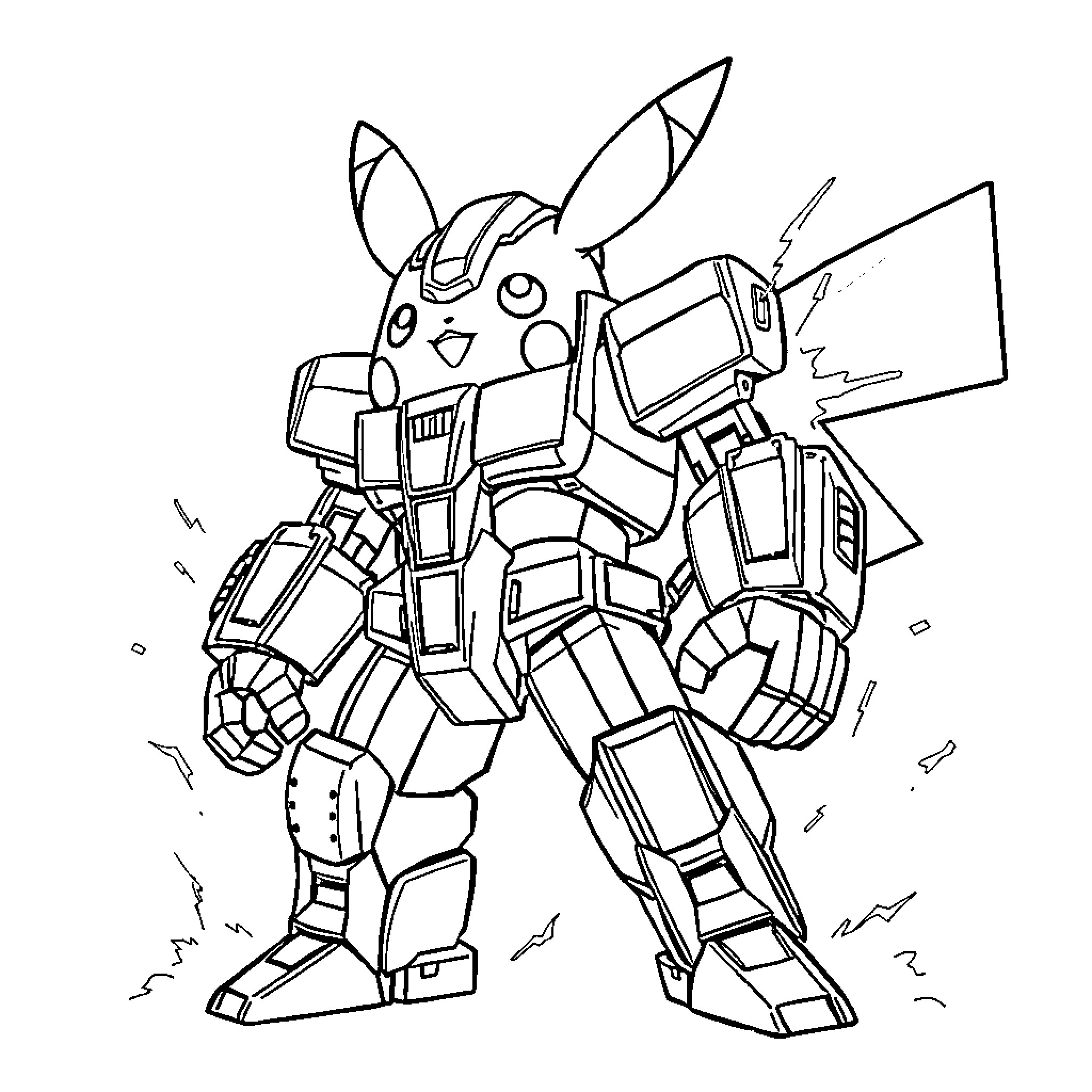Pikachu in a Mecha Suit Coloring Page (free black-and-white line drawing printable PDF for all, from beginners to advanced learners, including children, teens, adults, and seniors)