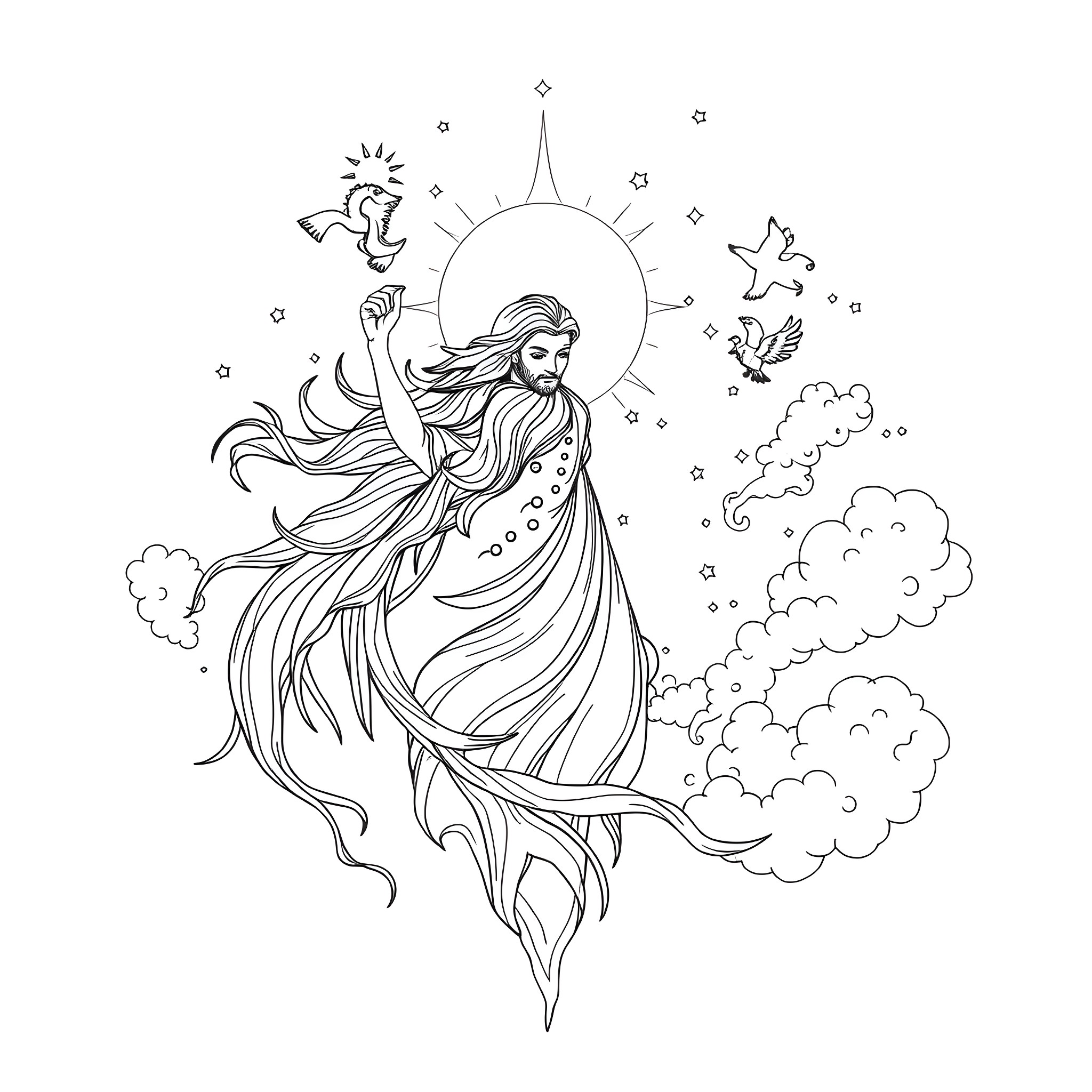 Great Spirit Soaring Through the Celestial Realm Coloring Page (free black-and-white line drawing printable PDF for all, from beginners to advanced learners, including children, teens, adults, and seniors)