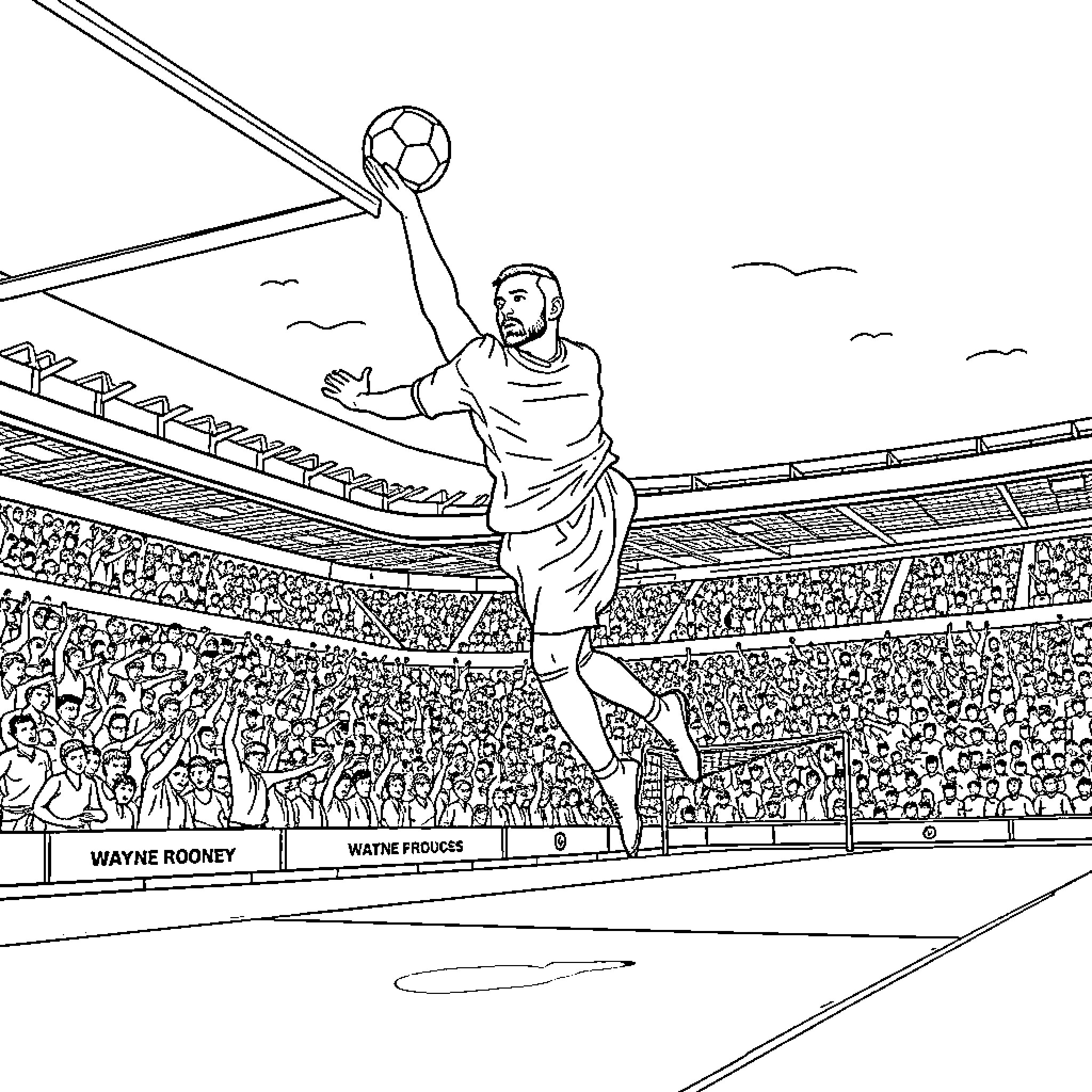 Wayne Rooney - Soccer Player in Action on the Field Coloring Page (free black-and-white line drawing printable PDF for all, from beginners to advanced learners, including children, teens, adults, and seniors)