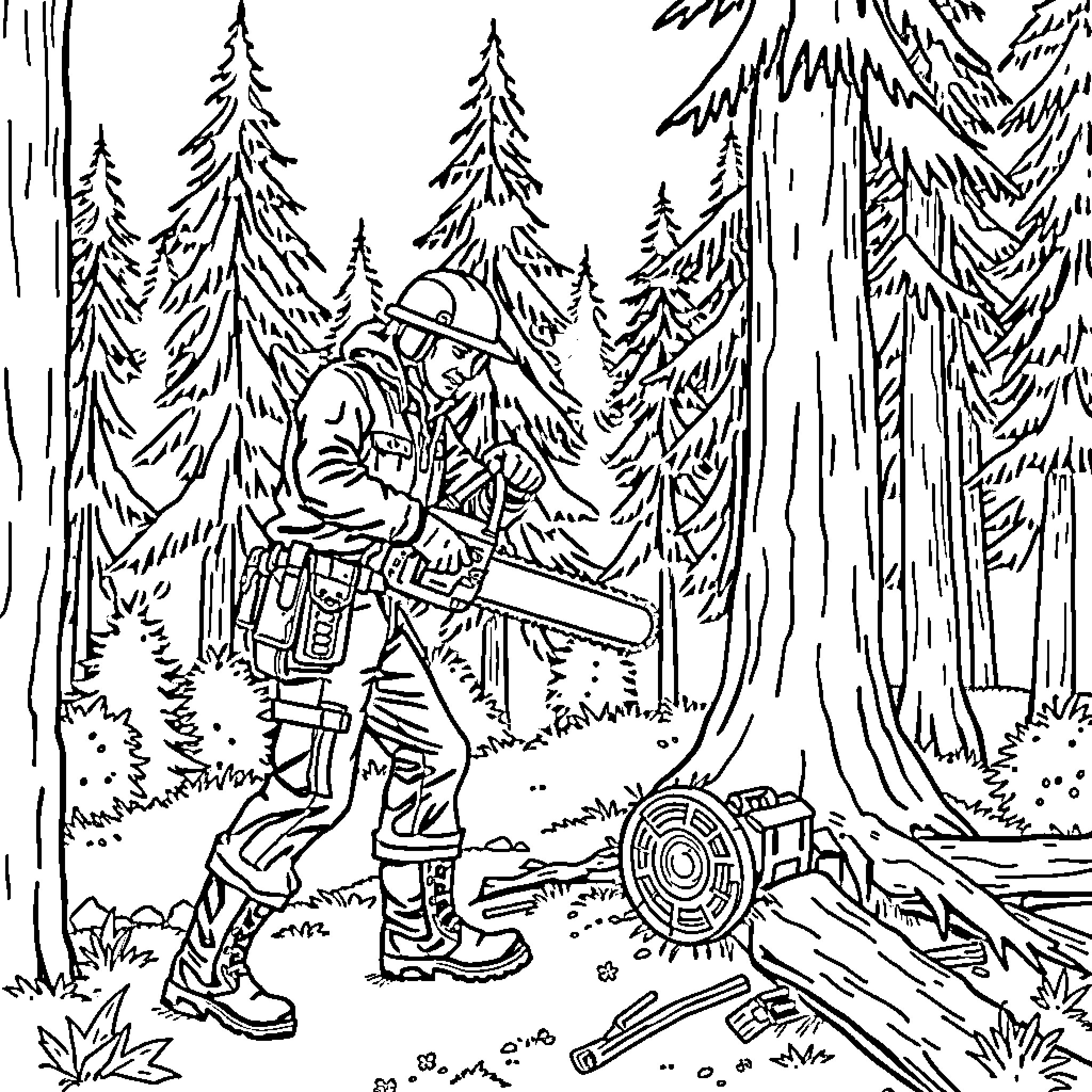 Logger operating chainsaw in forest Coloring Page (free black-and-white line drawing printable PDF for all, from beginners to advanced learners, including children, teens, adults, and seniors)