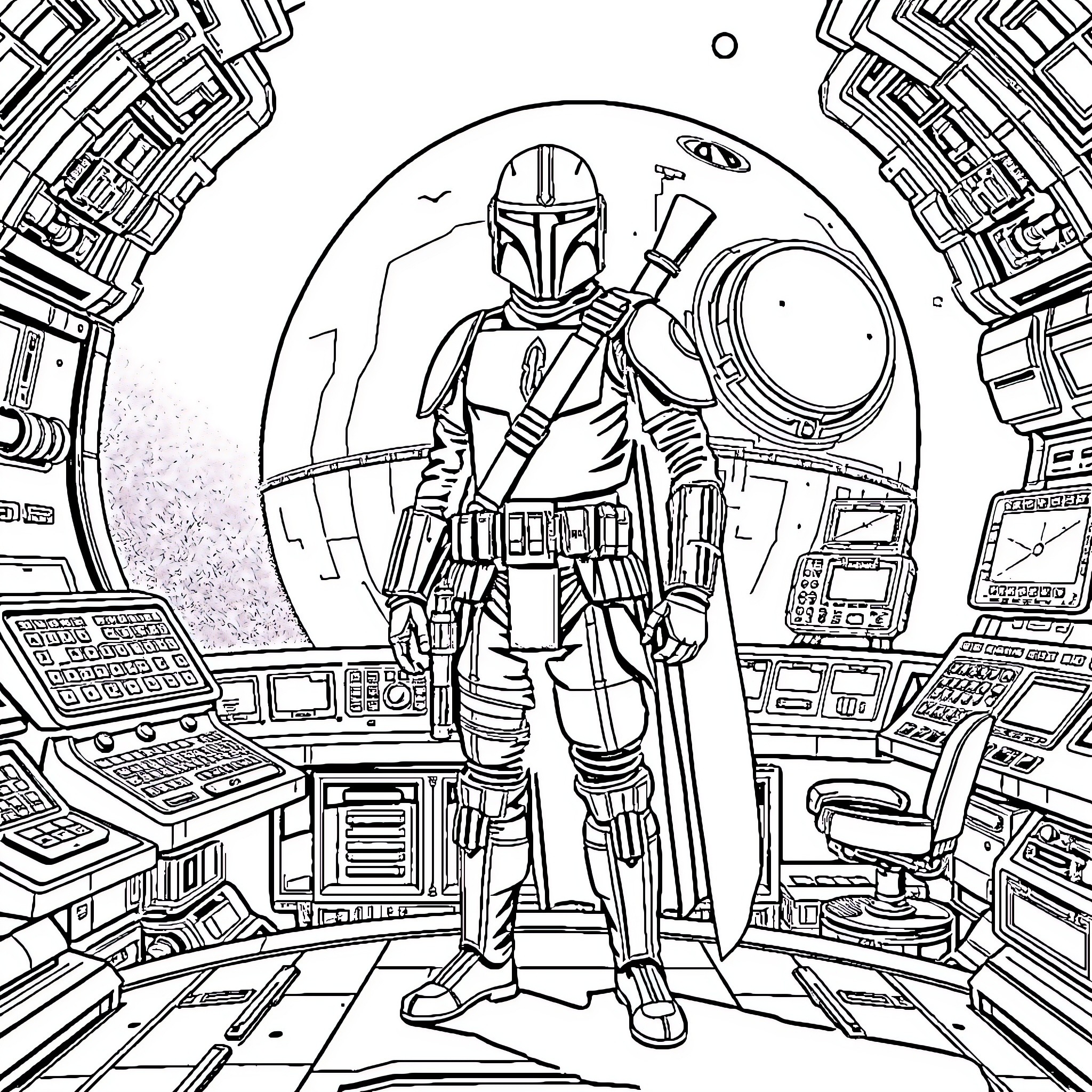 Mandalorian Warrior in Futuristic Spacecraft Coloring Page (free black-and-white line drawing printable PDF for all, from beginners to advanced learners, including children, teens, adults, and seniors)