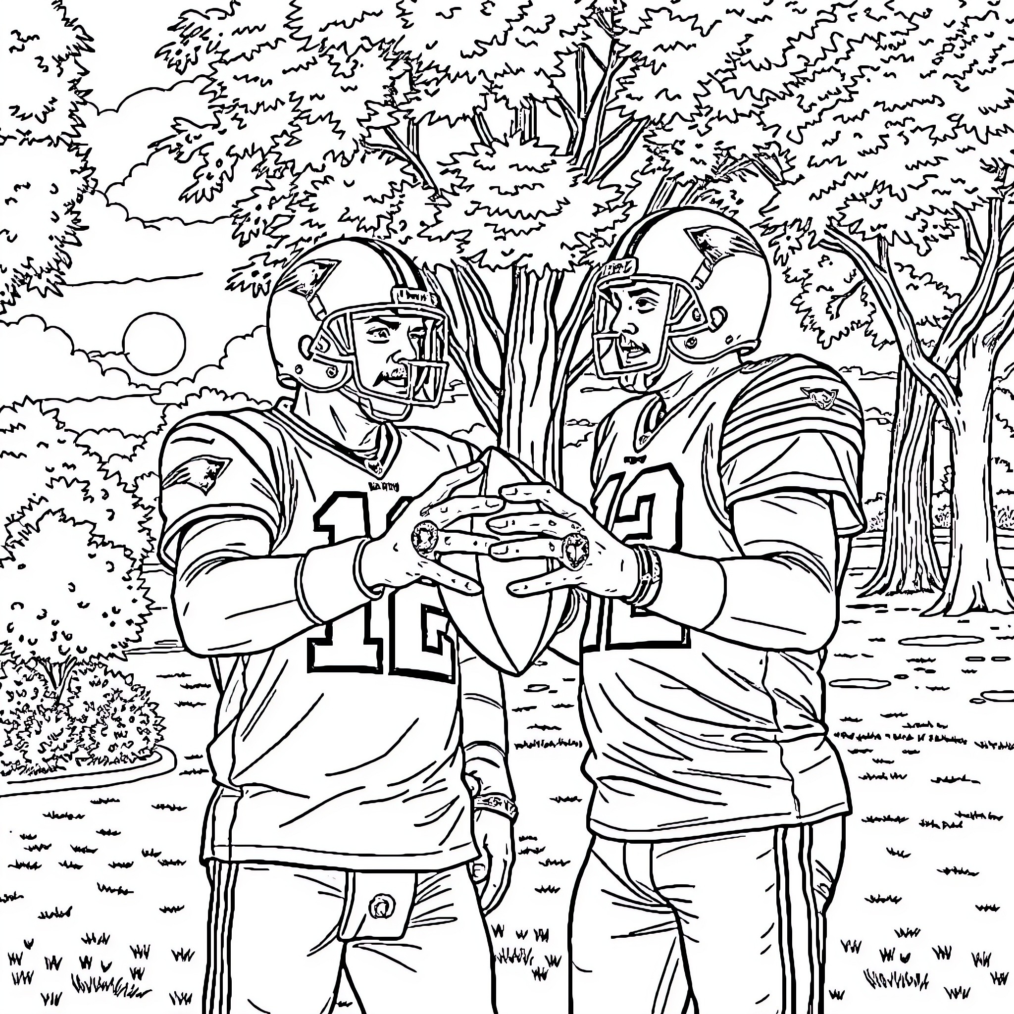 Tom Brady and teammates celebrating on the field Coloring Page (free black-and-white line drawing printable PDF for all, from beginners to advanced learners, including children, teens, adults, and seniors)
