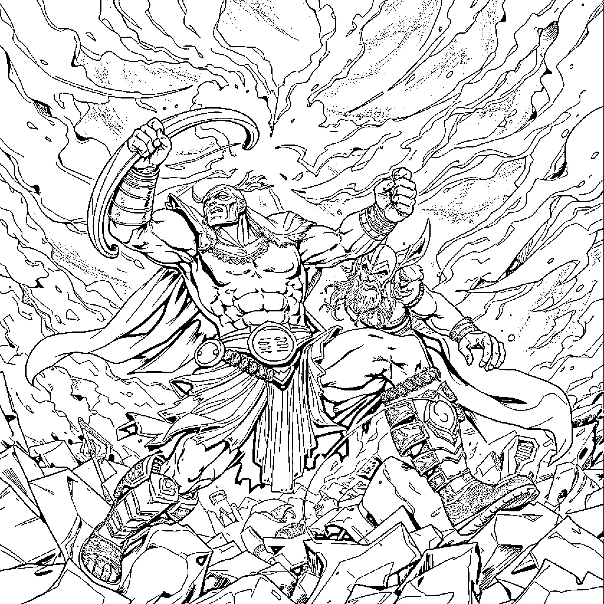 Kratos, the Spartan Warrior, in Epic Battle Coloring Page (free black-and-white line drawing printable PDF for all, from beginners to advanced learners, including children, teens, adults, and seniors)