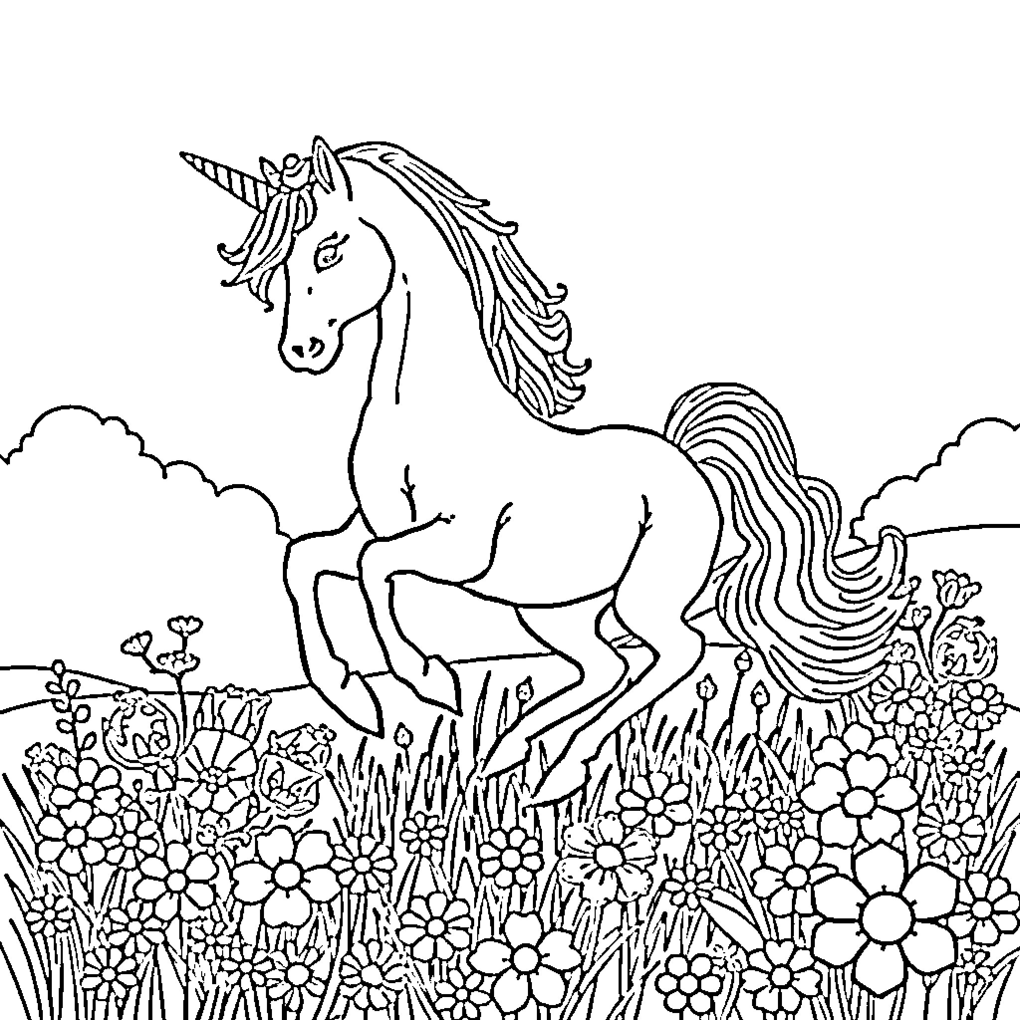 Unicorn prancing through a floral meadow Coloring Page (free black-and-white line drawing printable PDF for all, from beginners to advanced learners, including children, teens, adults, and seniors)