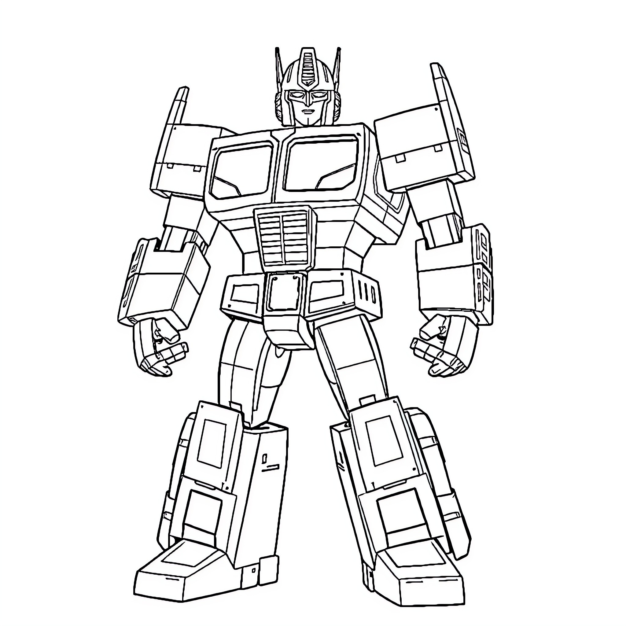 Optimus Prime in heroic battle pose Coloring Page (free black-and-white line drawing printable PDF for all, from beginners to advanced learners, including children, teens, adults, and seniors)