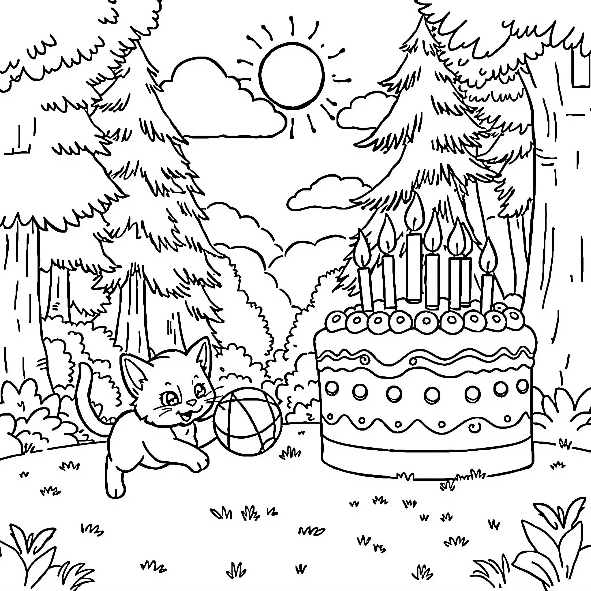 Kitten explores a birthday cake in the forest Coloring Page (free black-and-white line drawing printable PDF for all, from beginners to advanced learners, including children, teens, adults, and seniors)