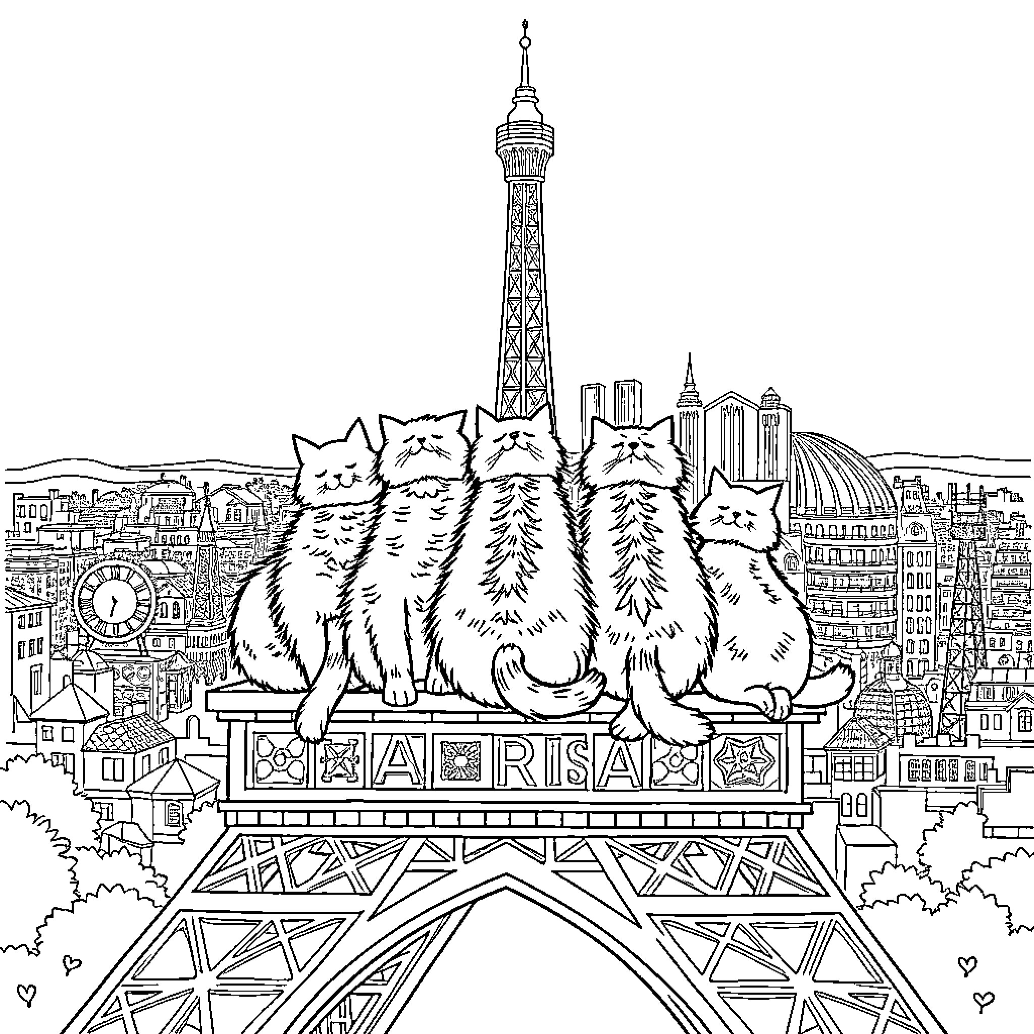 Cats on the Eiffel Tower overlooking the Paris skyline Coloring Page (free black-and-white line drawing printable PDF for all, from beginners to advanced learners, including children, teens, adults, and seniors)