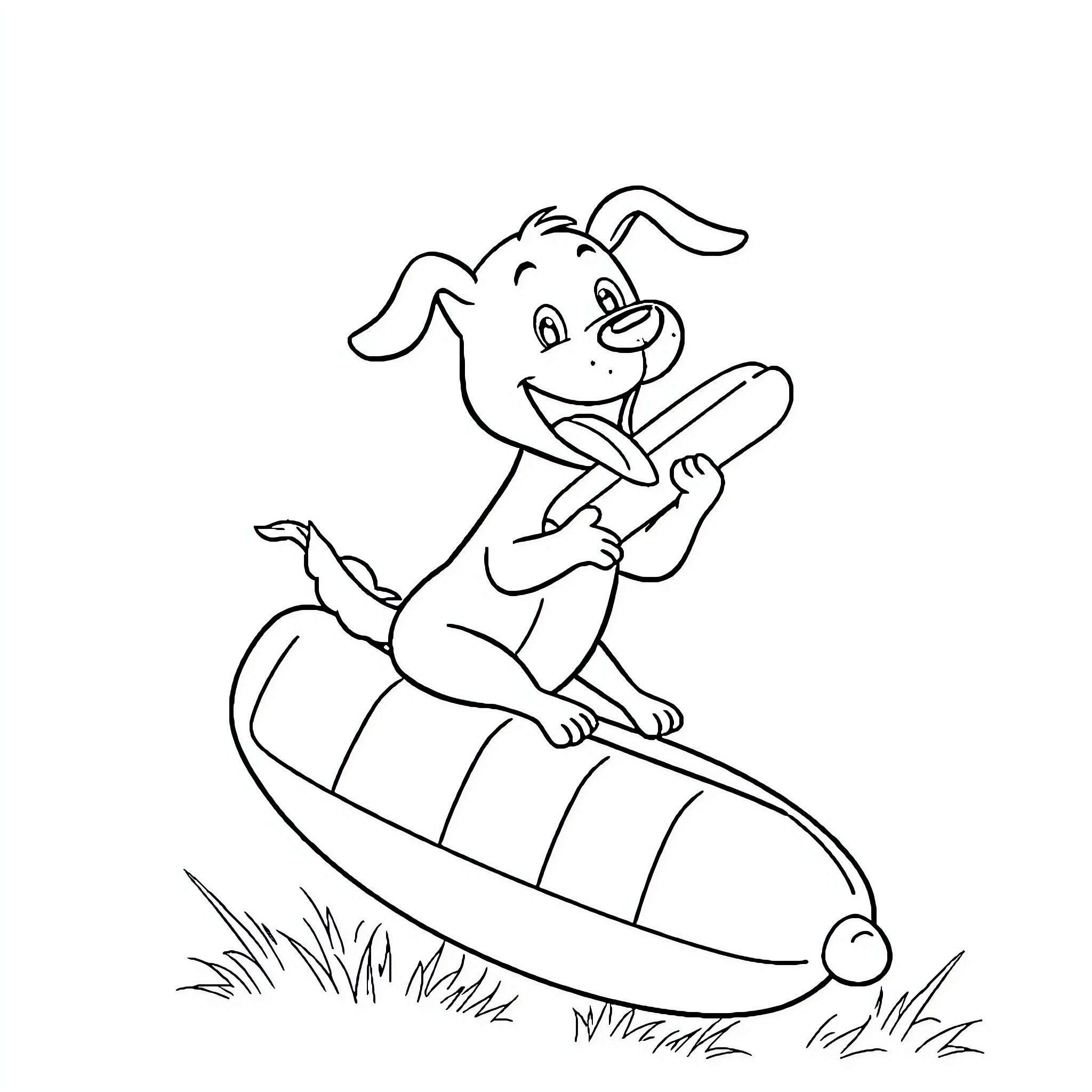 Dog riding a carrot boat in the field Coloring Page (free black-and-white line drawing printable PDF for all, from beginners to advanced learners, including children, teens, adults, and seniors)