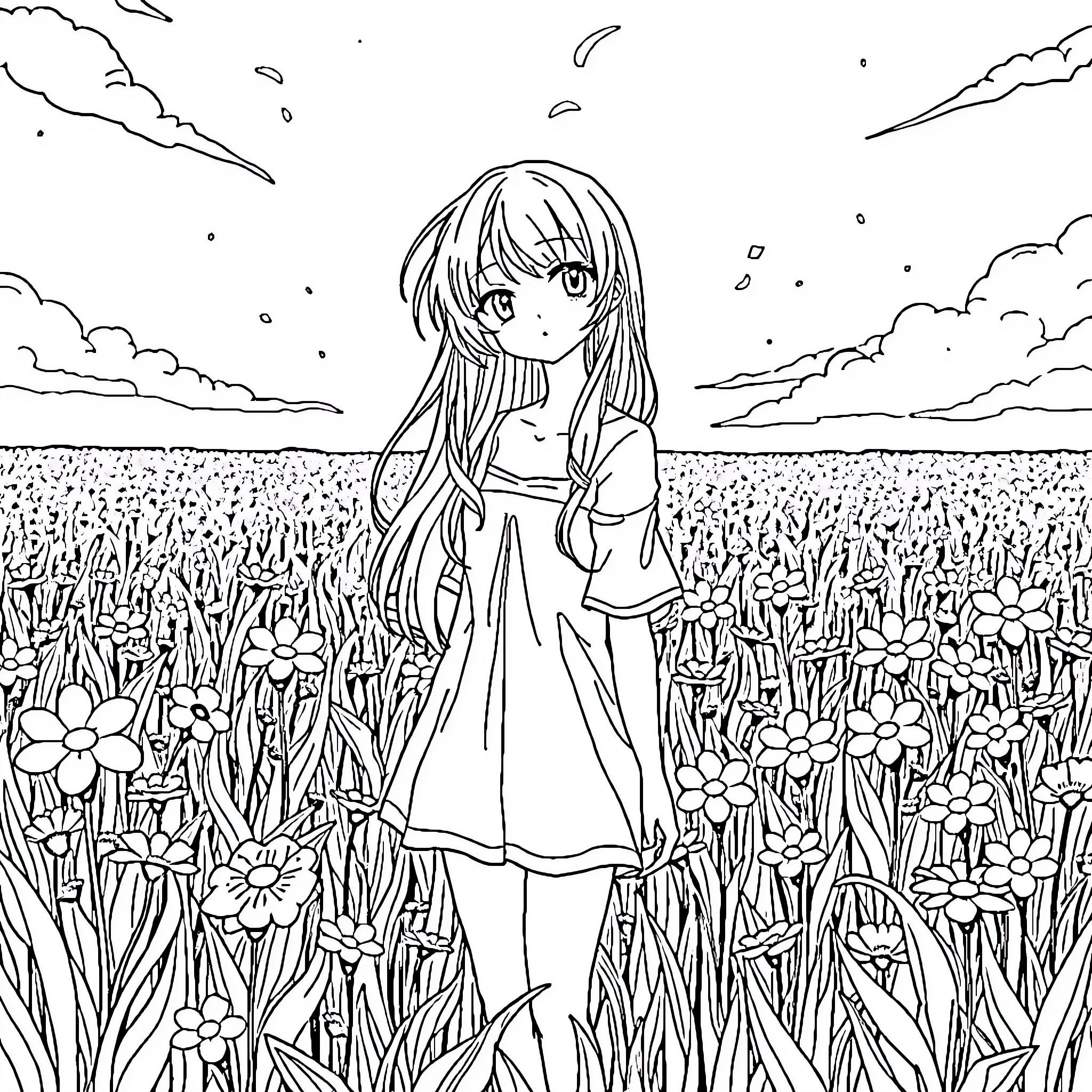 Anime Girl in a Flower Field Coloring Page (free black-and-white line drawing printable PDF for all, from beginners to advanced learners, including children, teens, adults, and seniors)