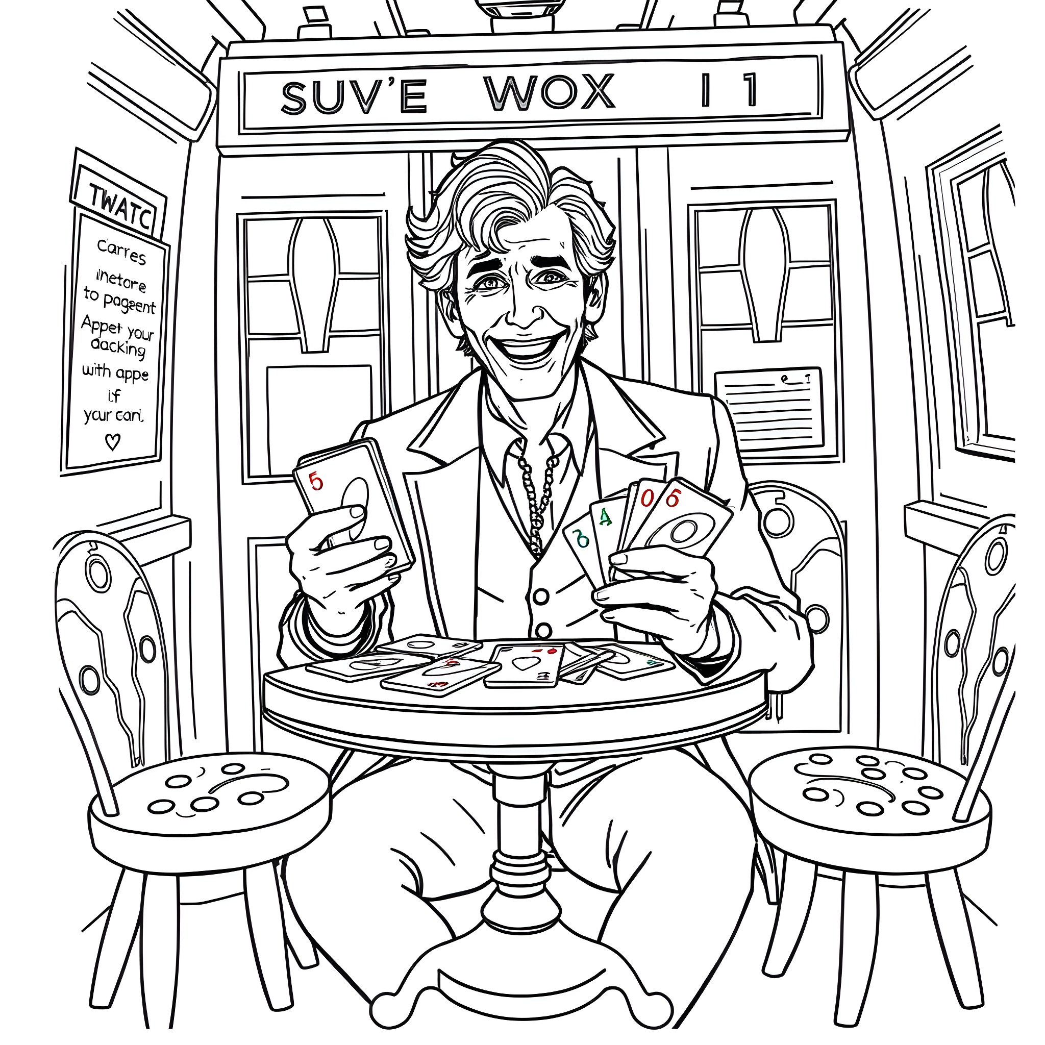 Doctor Reading Cards in Vintage Suve Wox 11 Setting Coloring Page (free black-and-white line drawing printable PDF for all, from beginners to advanced learners, including children, teens, adults, and seniors)