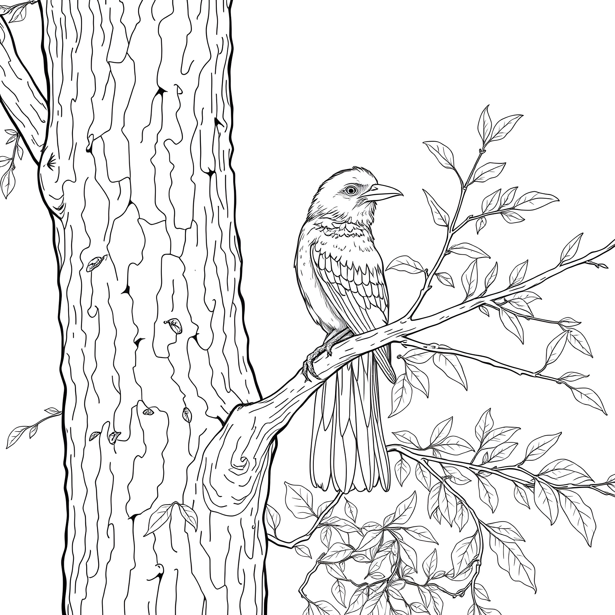 Passerina bird perched on a tree branch Coloring Page (free black-and-white line drawing printable PDF for all, from beginners to advanced learners, including children, teens, adults, and seniors)