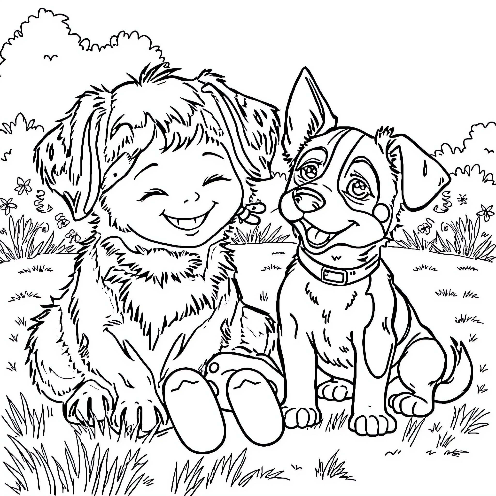 Child playing happily with pet dog in nature Coloring Page (free black-and-white line drawing printable PDF for all, from beginners to advanced learners, including children, teens, adults, and seniors)