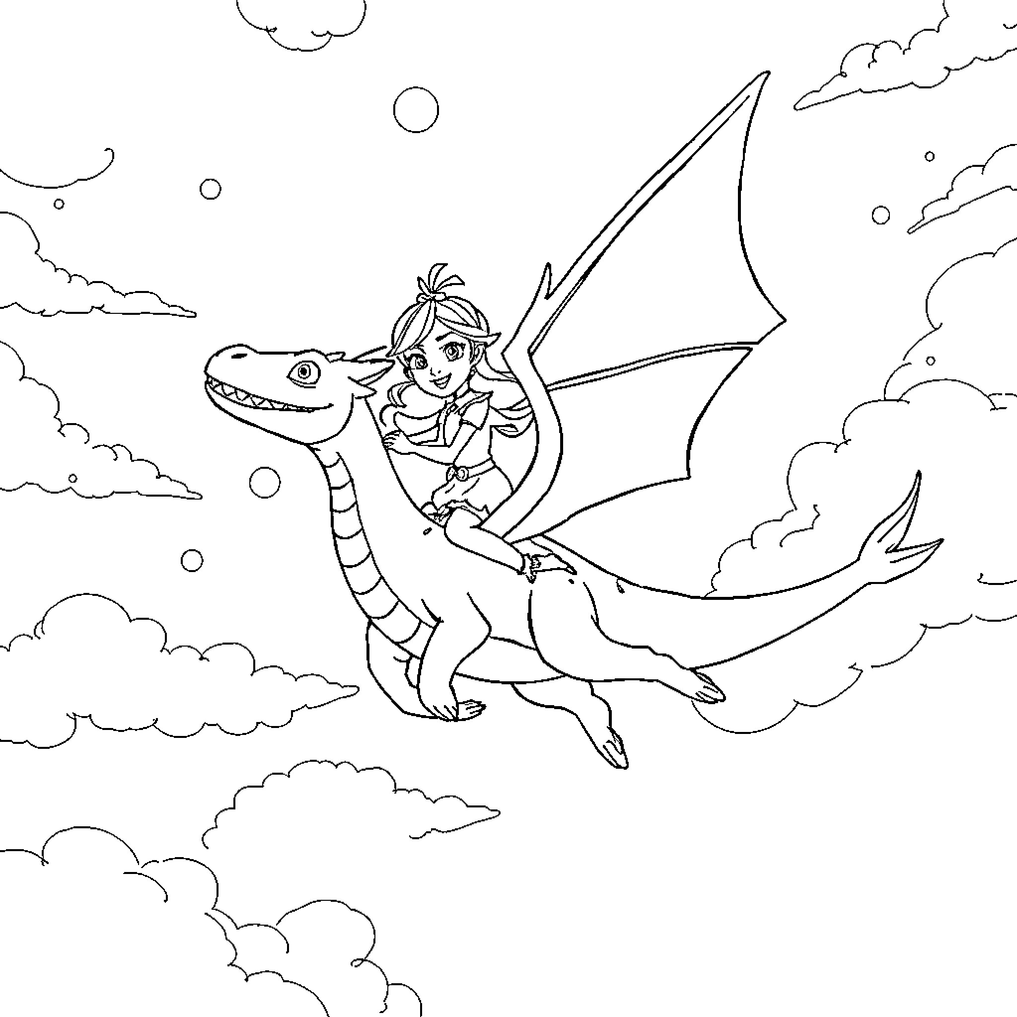 Evie riding a dragon through the clouds Coloring Page (free black-and-white line drawing printable PDF for all, from beginners to advanced learners, including children, teens, adults, and seniors)