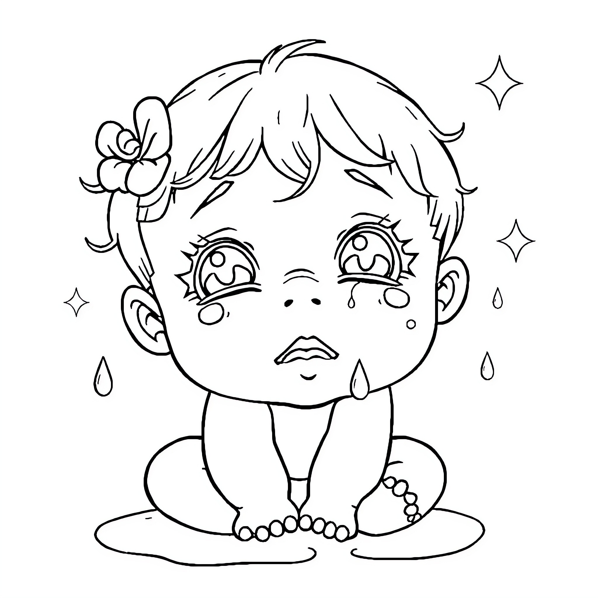 Bebes upset and crying adorable child Coloring Page (free black-and-white line drawing printable PDF for all, from beginners to advanced learners, including children, teens, adults, and seniors)