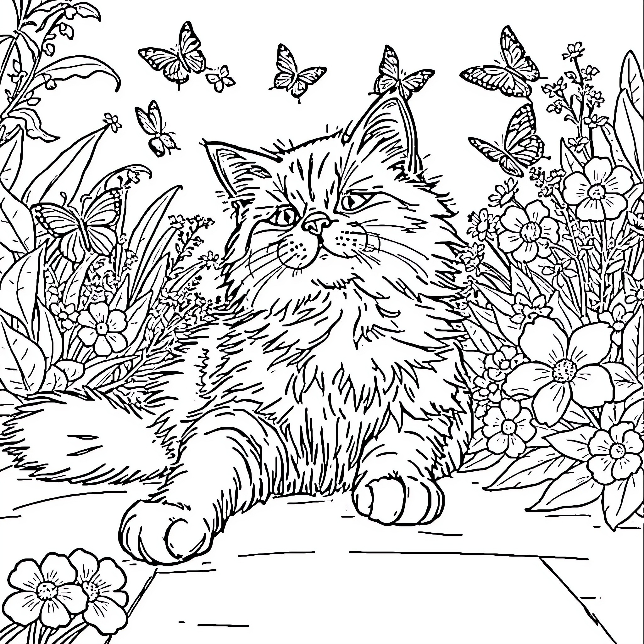 Cat surrounded by flowers and butterflies Coloring Page (free black-and-white line drawing printable PDF for all, from beginners to advanced learners, including children, teens, adults, and seniors)