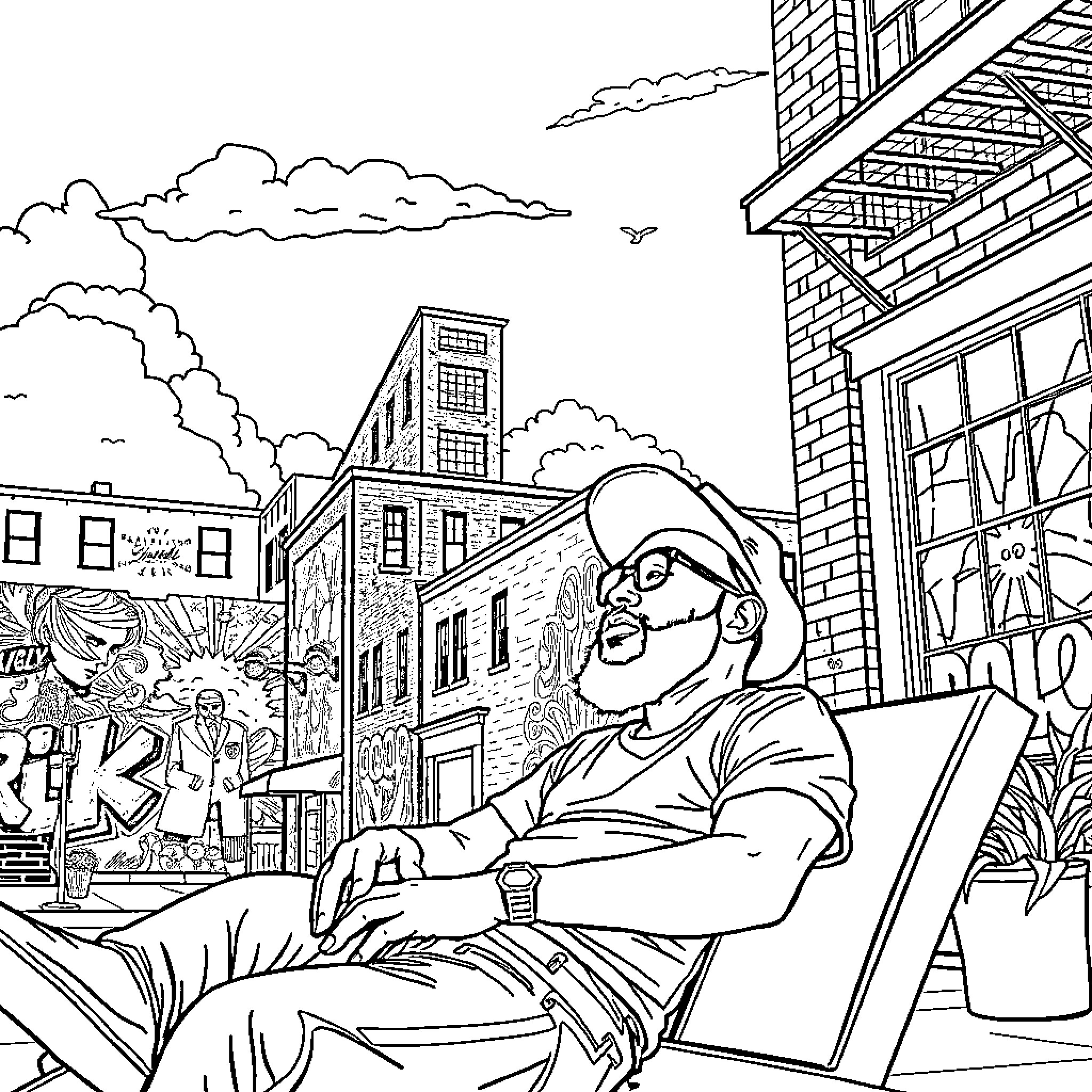 Riley relaxing and sketching the urban landscape Coloring Page (free black-and-white line drawing printable PDF for all, from beginners to advanced learners, including children, teens, adults, and seniors)