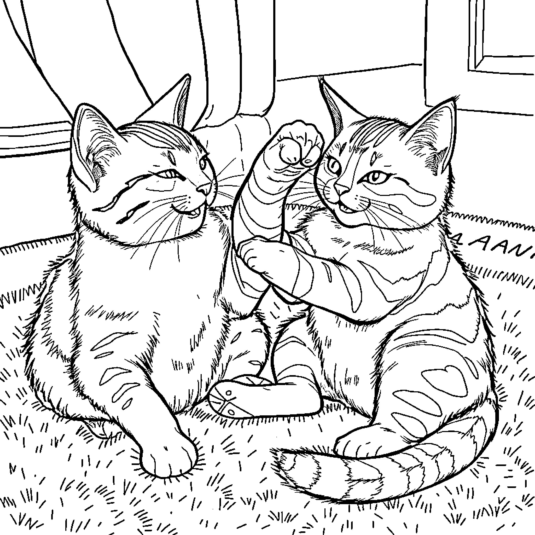 Cats resting comfortably in their home Coloring Page (free black-and-white line drawing printable PDF for all, from beginners to advanced learners, including children, teens, adults, and seniors)