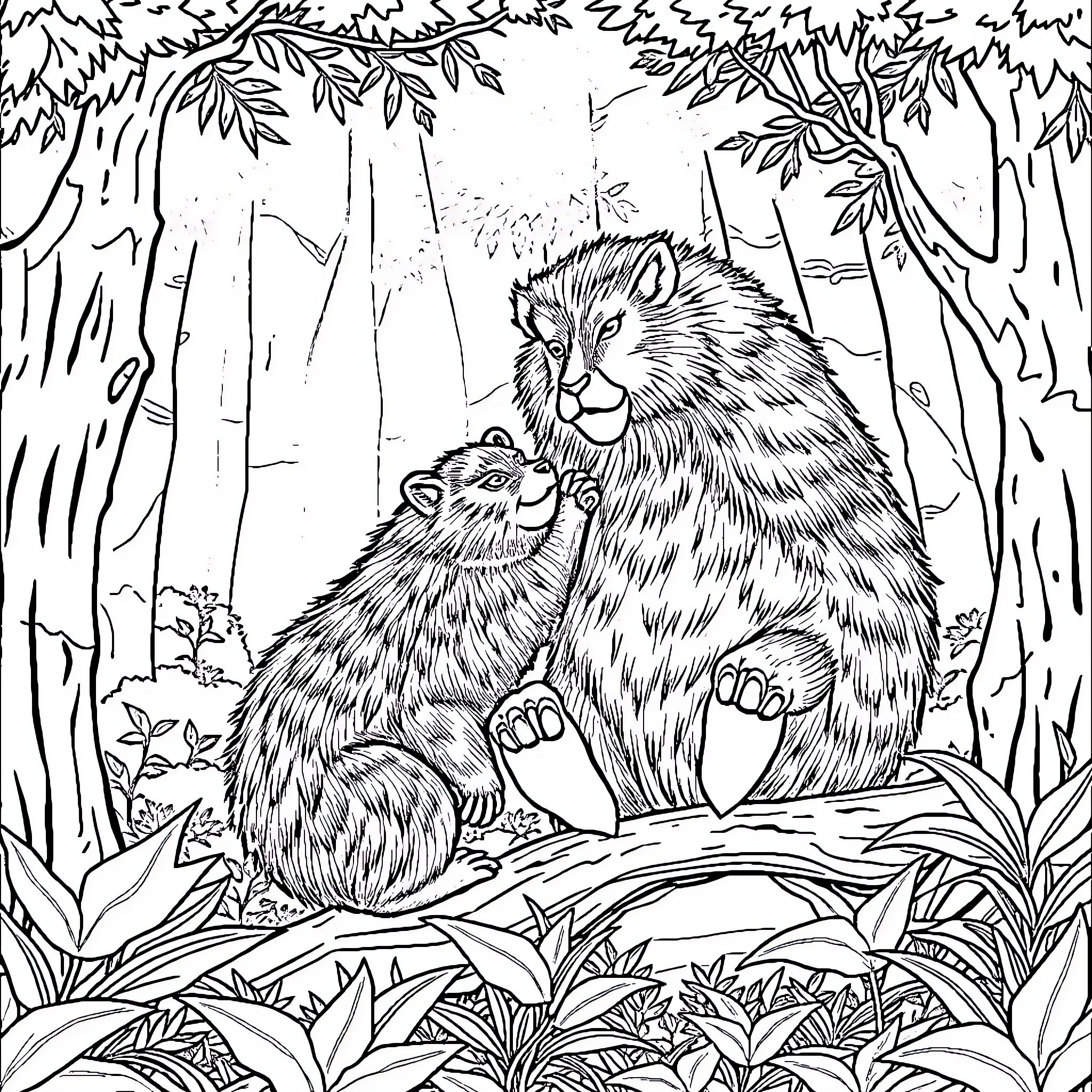 Bear family bonding in the woodland Coloring Page (free black-and-white line drawing printable PDF for all, from beginners to advanced learners, including children, teens, adults, and seniors)