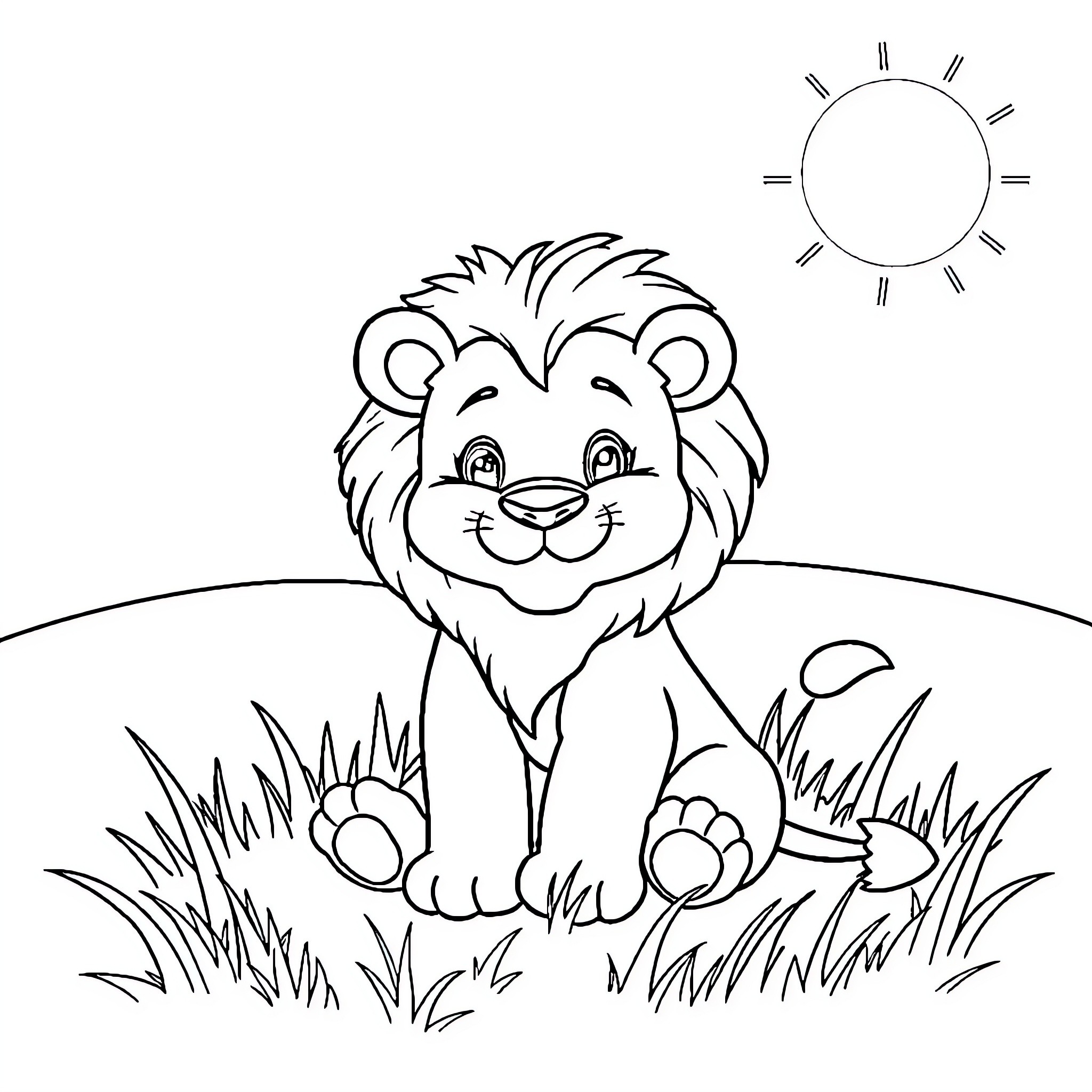 Lion resting peacefully in the sun-lit meadow Coloring Page (free black-and-white line drawing printable PDF for all, from beginners to advanced learners, including children, teens, adults, and seniors)