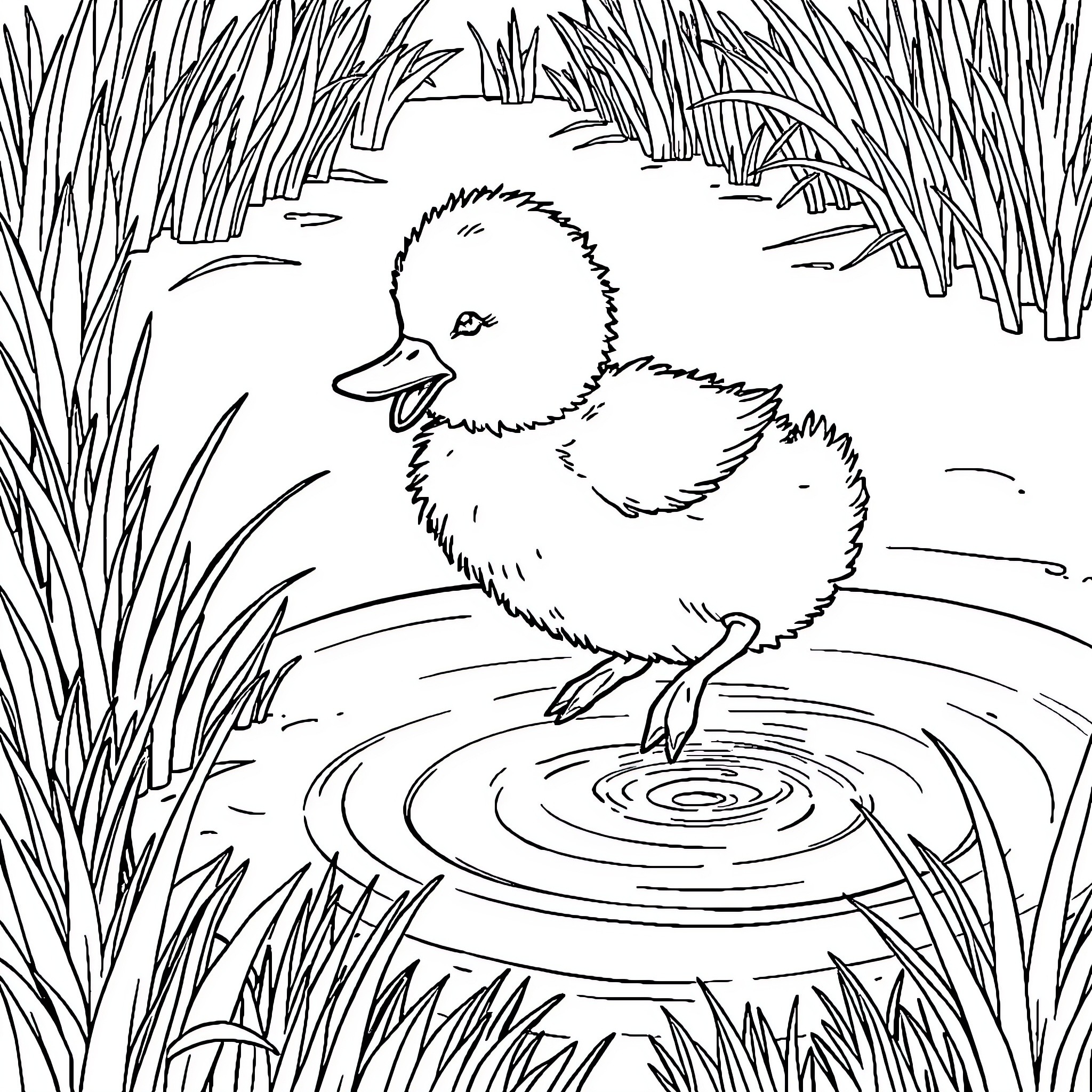 Duck Hatchling Wading in Pond Coloring Page (free black-and-white line drawing printable PDF for all, from beginners to advanced learners, including children, teens, adults, and seniors)