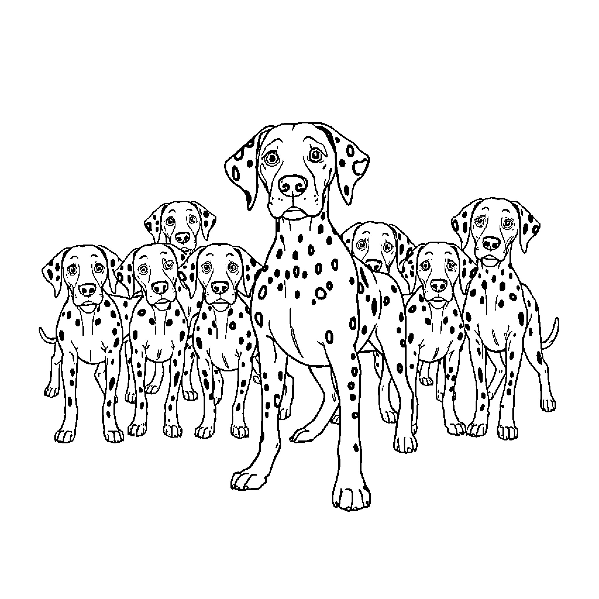 Dalmatian dogs gathered together Coloring Page (free black-and-white line drawing printable PDF for all, from beginners to advanced learners, including children, teens, adults, and seniors)