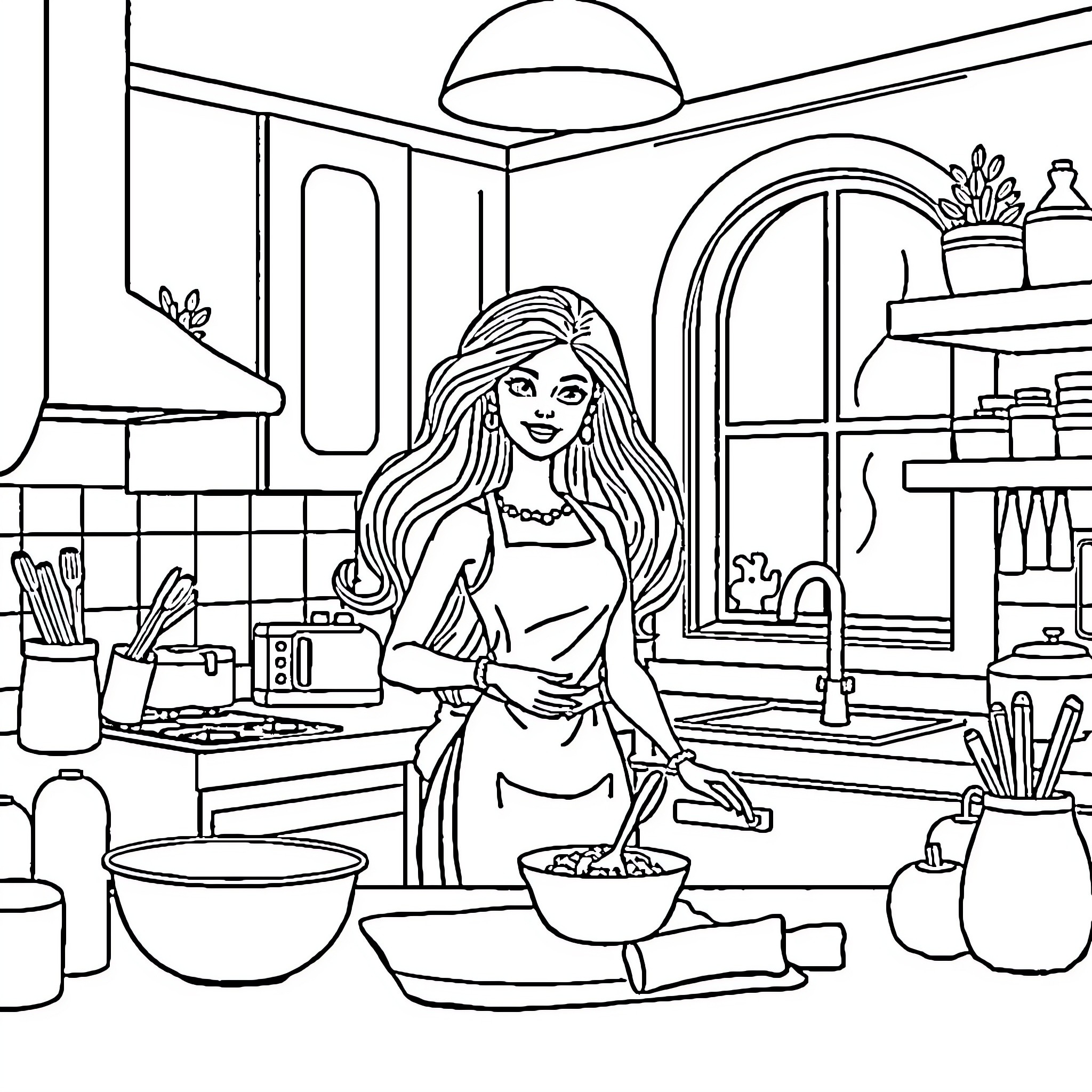 Barbie cooking in a cozy kitchen Coloring Page (free black-and-white line drawing printable PDF for all, from beginners to advanced learners, including children, teens, adults, and seniors)