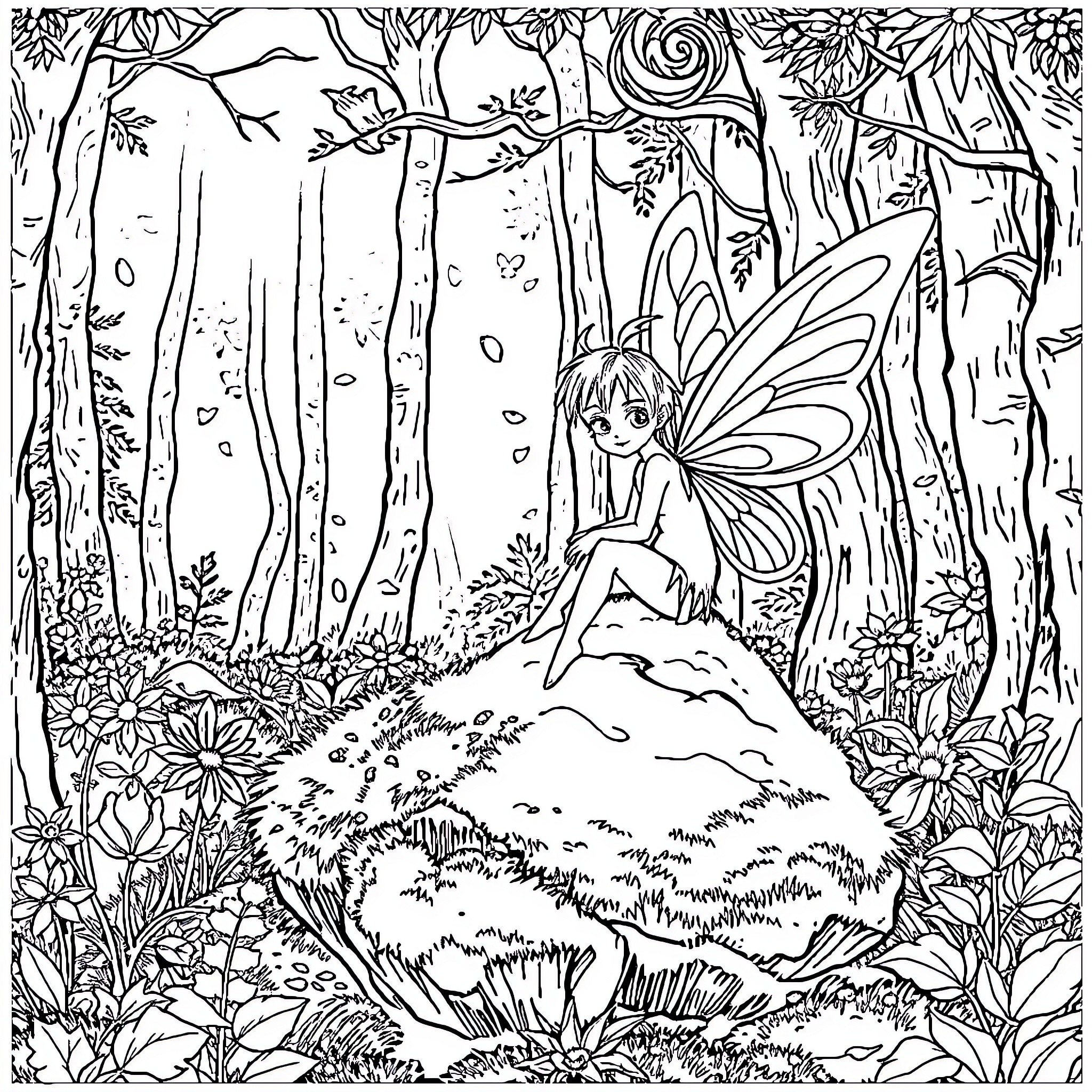 Fairy sitting amidst enchanting forest scenery Coloring Page (free black-and-white line drawing printable PDF for all, from beginners to advanced learners, including children, teens, adults, and seniors)