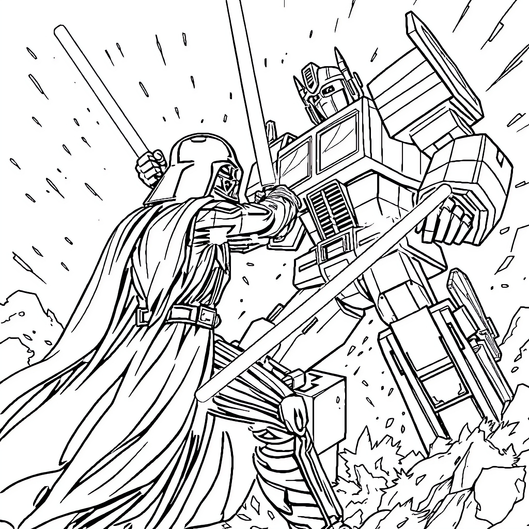 Darth Vader battles against a giant robot Coloring Page (free black-and-white line drawing printable PDF for all, from beginners to advanced learners, including children, teens, adults, and seniors)