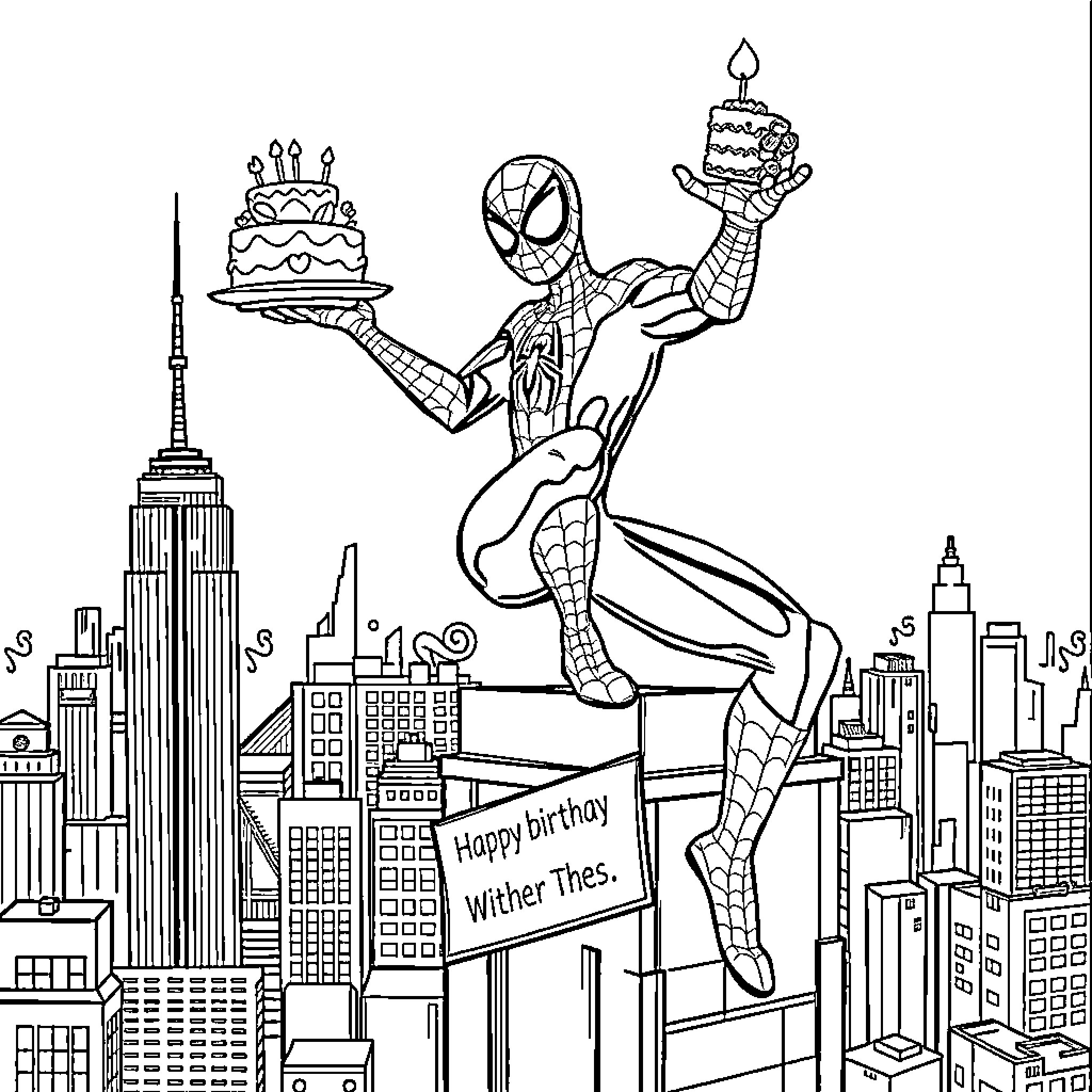 Spider-Man celebrating birthday with cake on city skyline Coloring Page (free black-and-white line drawing printable PDF for all, from beginners to advanced learners, including children, teens, adults, and seniors)