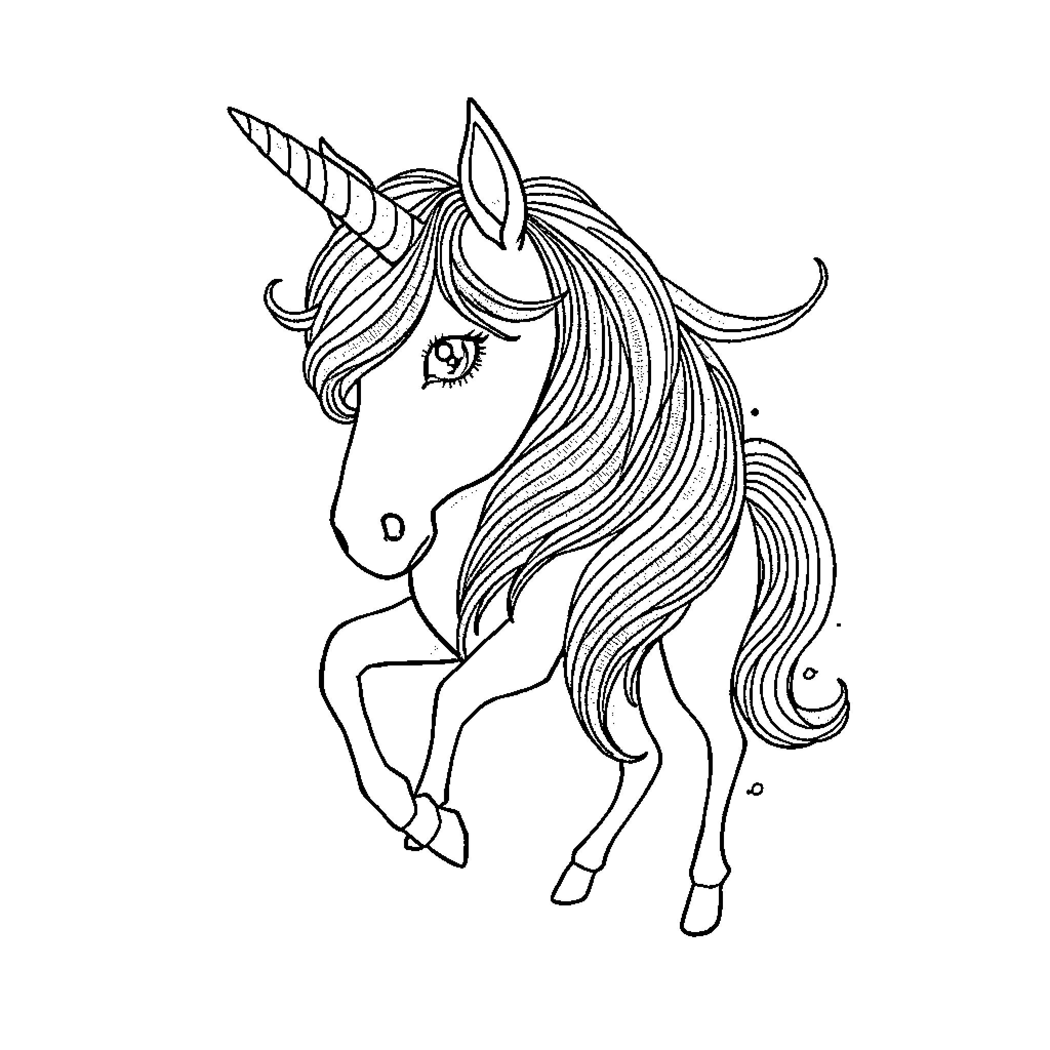 Unicorn with flowing mane and horn Coloring Page (free black-and-white line drawing printable PDF for all, from beginners to advanced learners, including children, teens, adults, and seniors)
