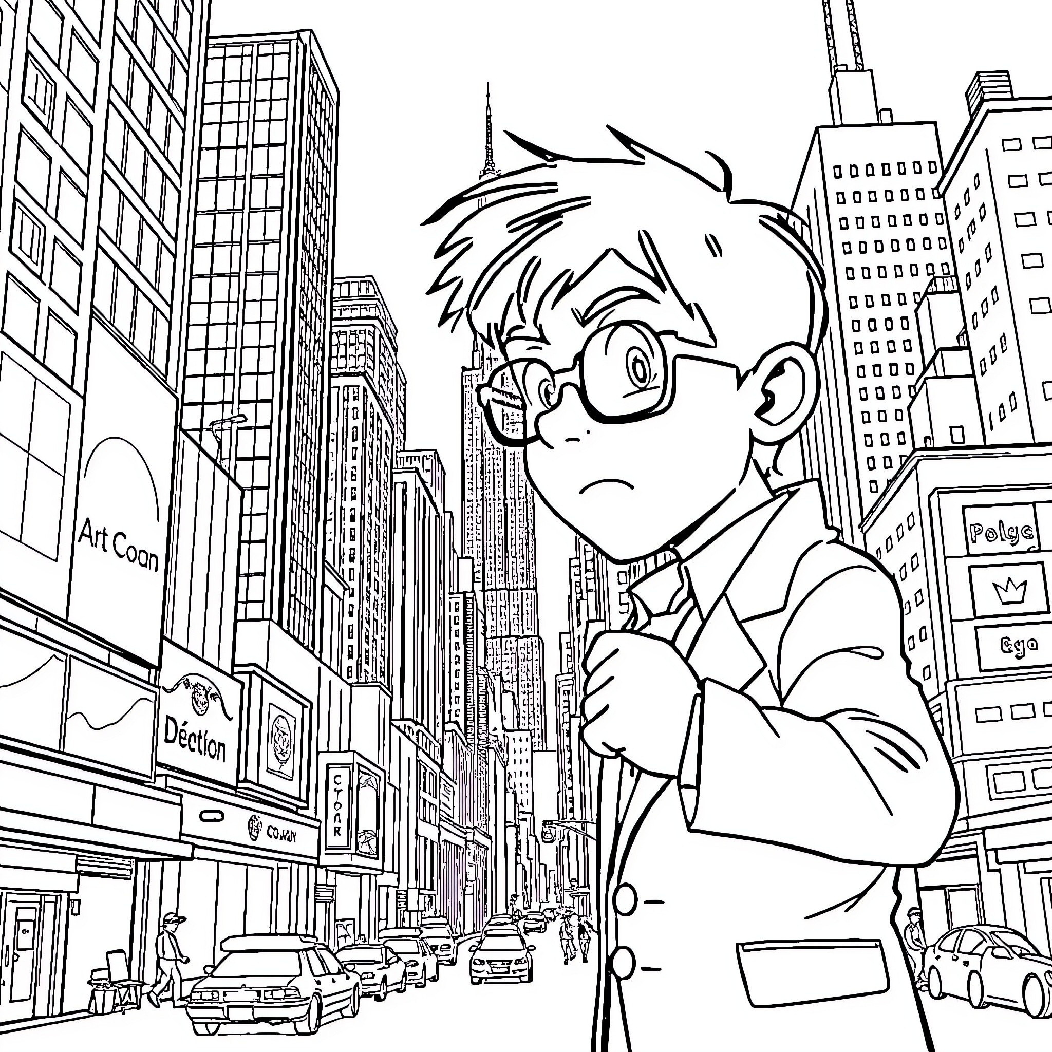 Detective Conan in the bustling city streets Coloring Page (free black-and-white line drawing printable PDF for all, from beginners to advanced learners, including children, teens, adults, and seniors)