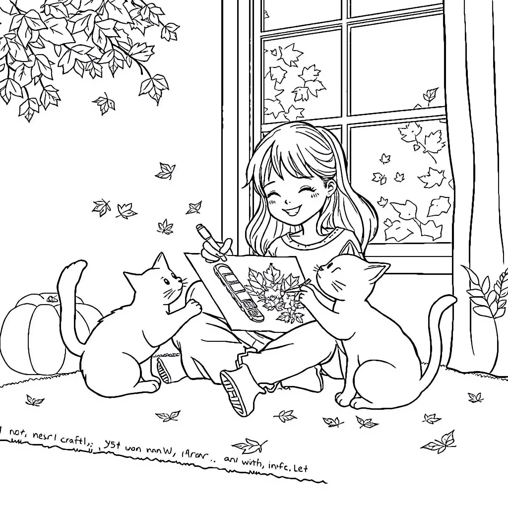 Girl drawing with cats in autumn scene Coloring Page (free black-and-white line drawing printable PDF for all, from beginners to advanced learners, including children, teens, adults, and seniors)
