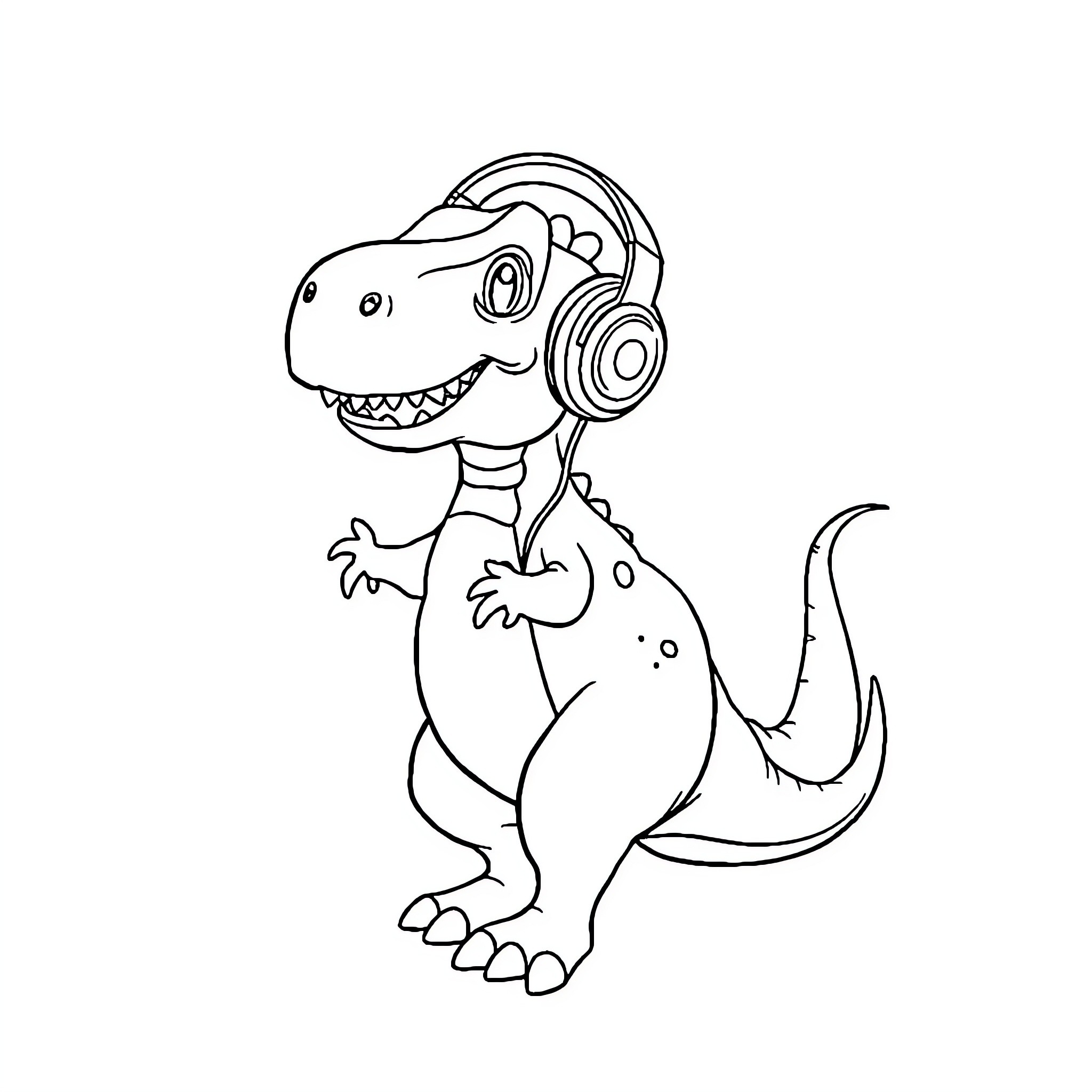 Dinosaur listening to music with headphones Coloring Page (free black-and-white line drawing printable PDF for all, from beginners to advanced learners, including children, teens, adults, and seniors)