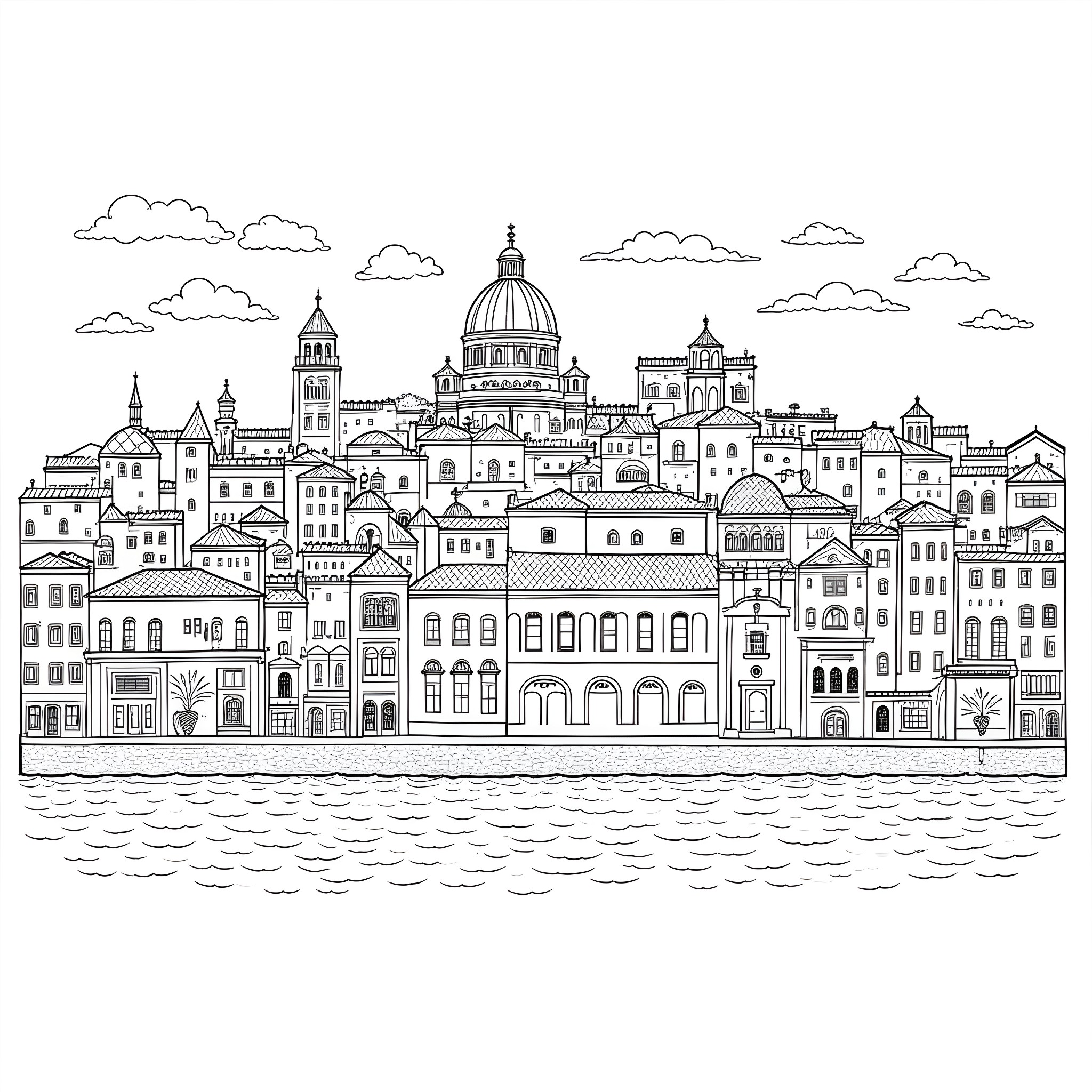 Heritage City with Architectural Wonders Coloring Page (free black-and-white line drawing printable PDF for all, from beginners to advanced learners, including children, teens, adults, and seniors)