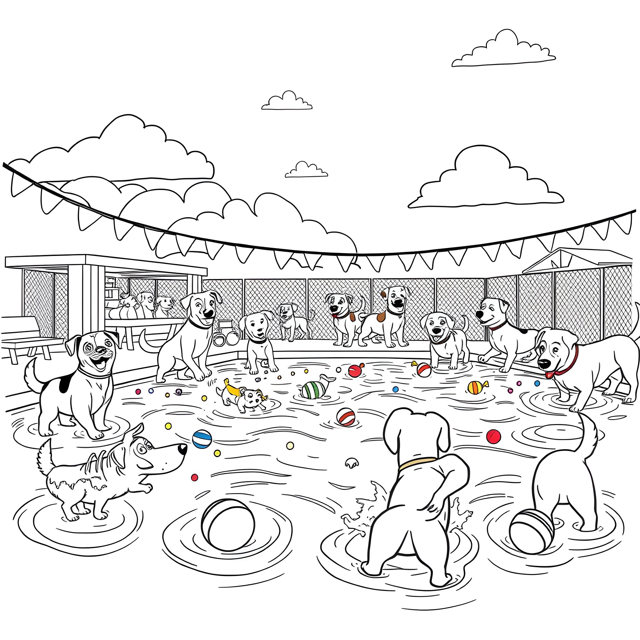 Dog Party at the Puppy Pool Coloring Page (free black-and-white line drawing printable PDF for all, from beginners to advanced learners, including children, teens, adults, and seniors)