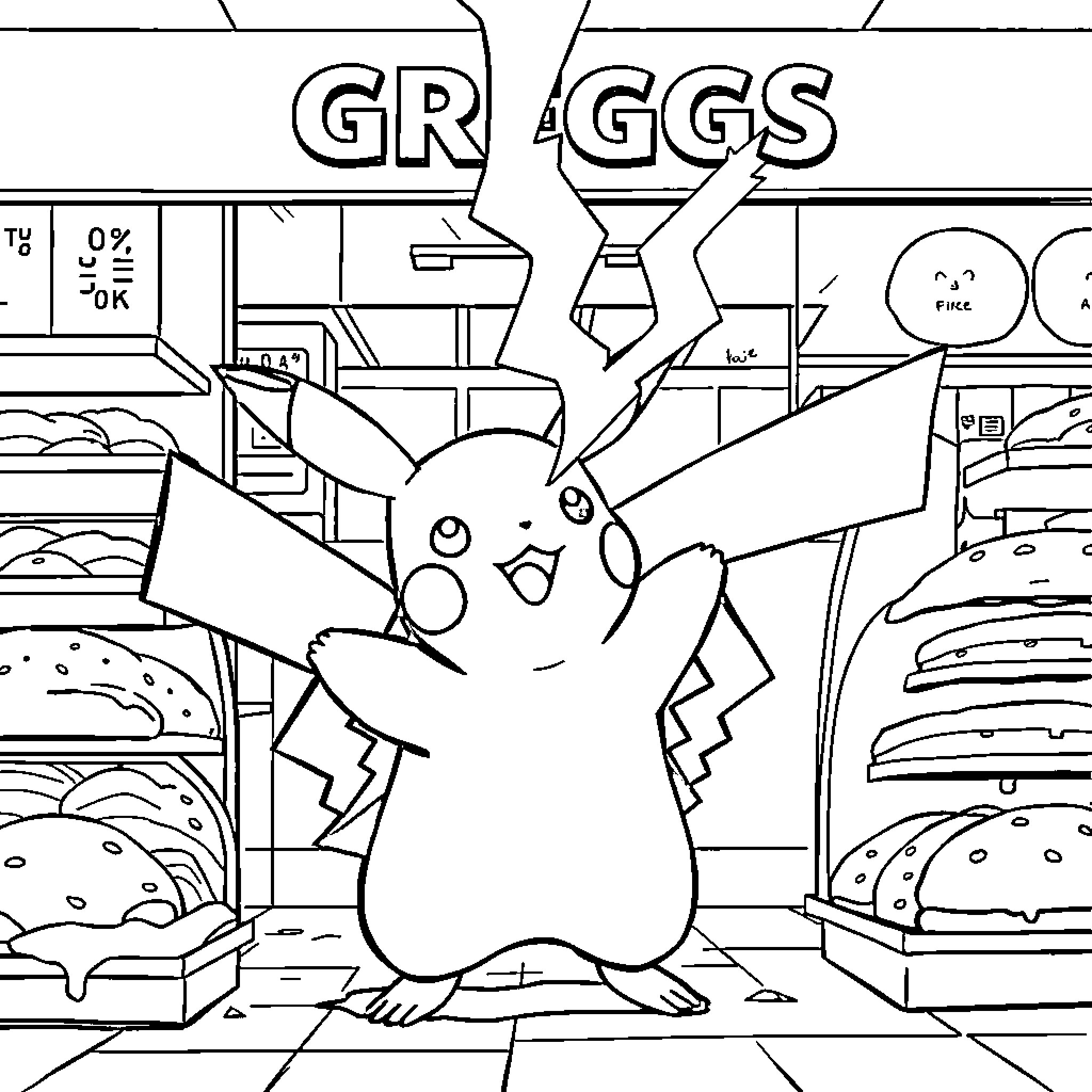 Pikachu shopping happily at the grocery store Coloring Page (free black-and-white line drawing printable PDF for all, from beginners to advanced learners, including children, teens, adults, and seniors)