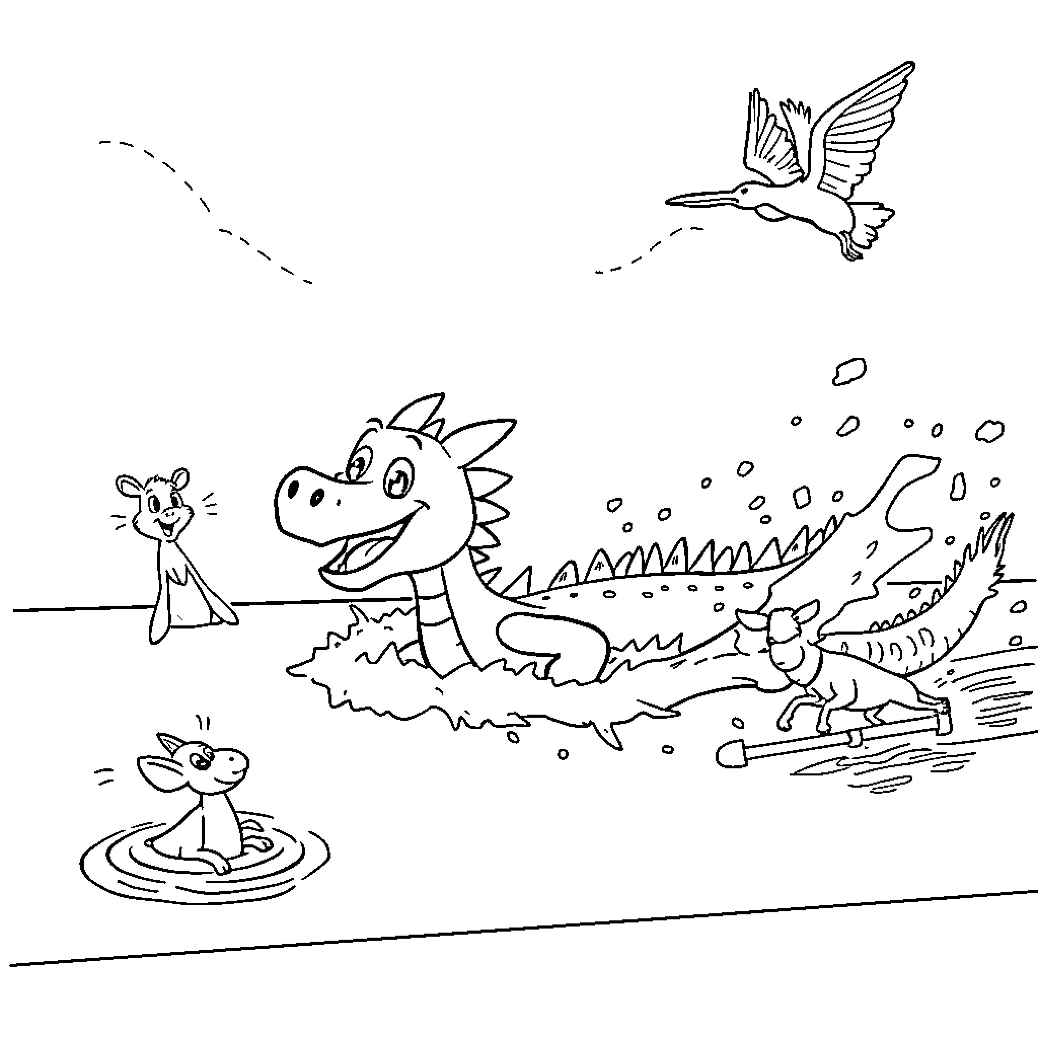Dragon creatures playing and exploring in nature Coloring Page (free black-and-white line drawing printable PDF for all, from beginners to advanced learners, including children, teens, adults, and seniors)