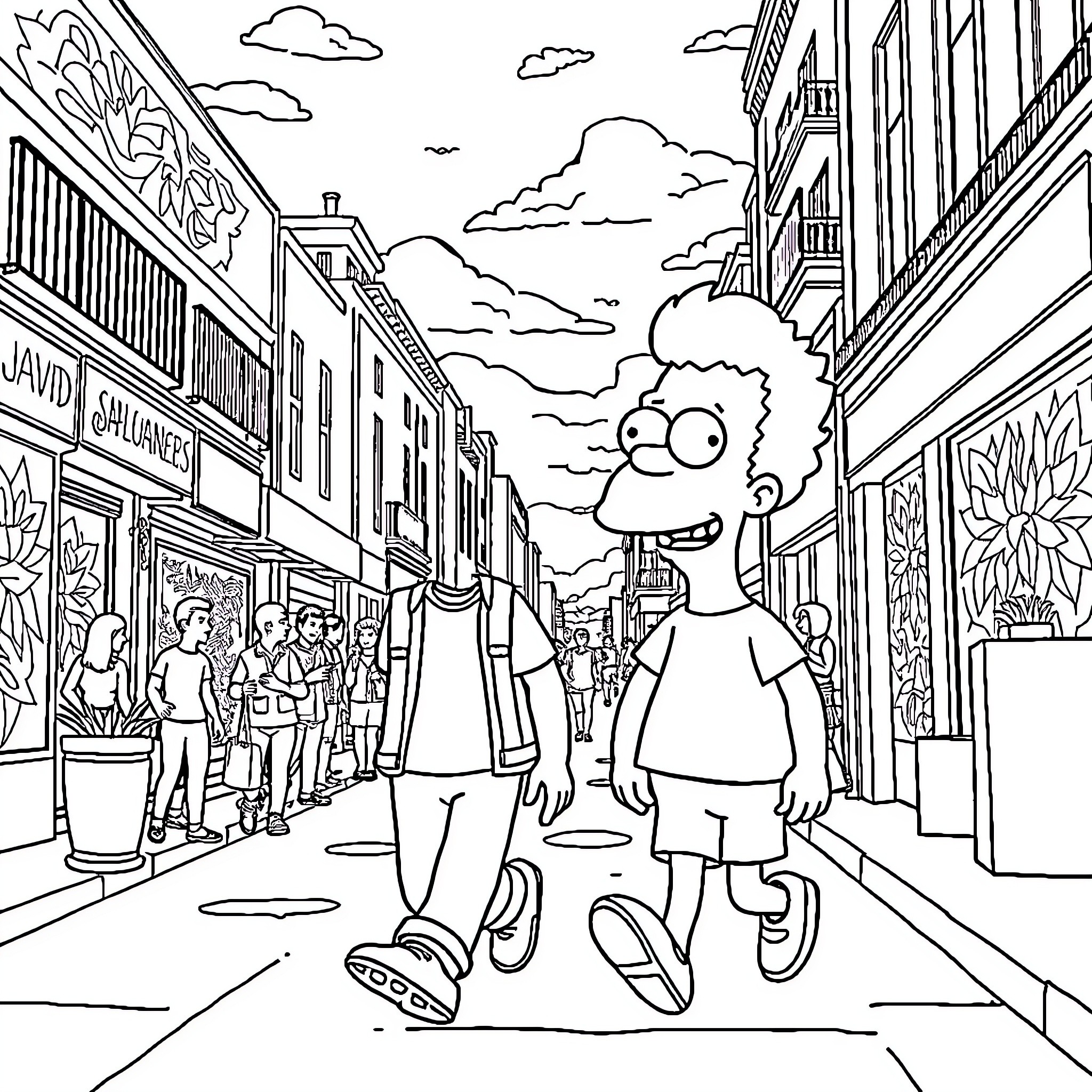 The Simpsons characters strolling through a lively town Coloring Page (free black-and-white line drawing printable PDF for all, from beginners to advanced learners, including children, teens, adults, and seniors)