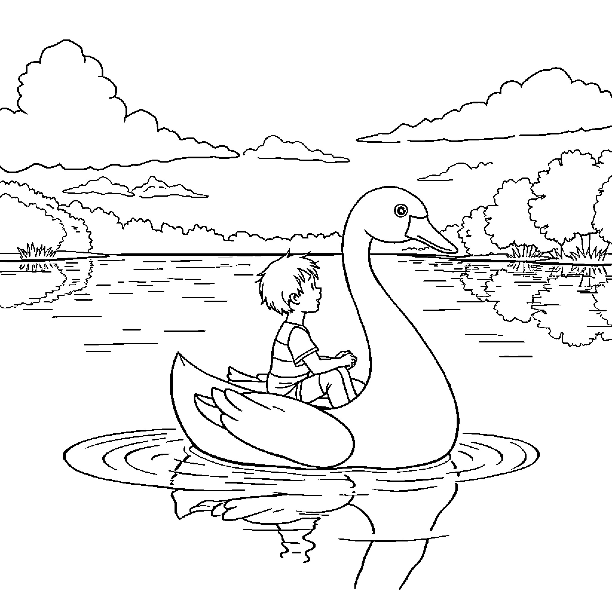 Boy riding a giant duck in the lake Coloring Page (free black-and-white line drawing printable PDF for all, from beginners to advanced learners, including children, teens, adults, and seniors)