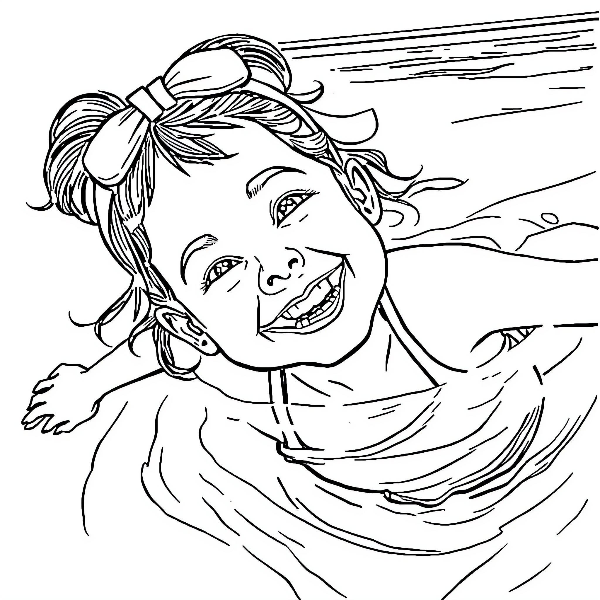 Girl playing in the wind with a happy expression Coloring Page (free black-and-white line drawing printable PDF for all, from beginners to advanced learners, including children, teens, adults, and seniors)