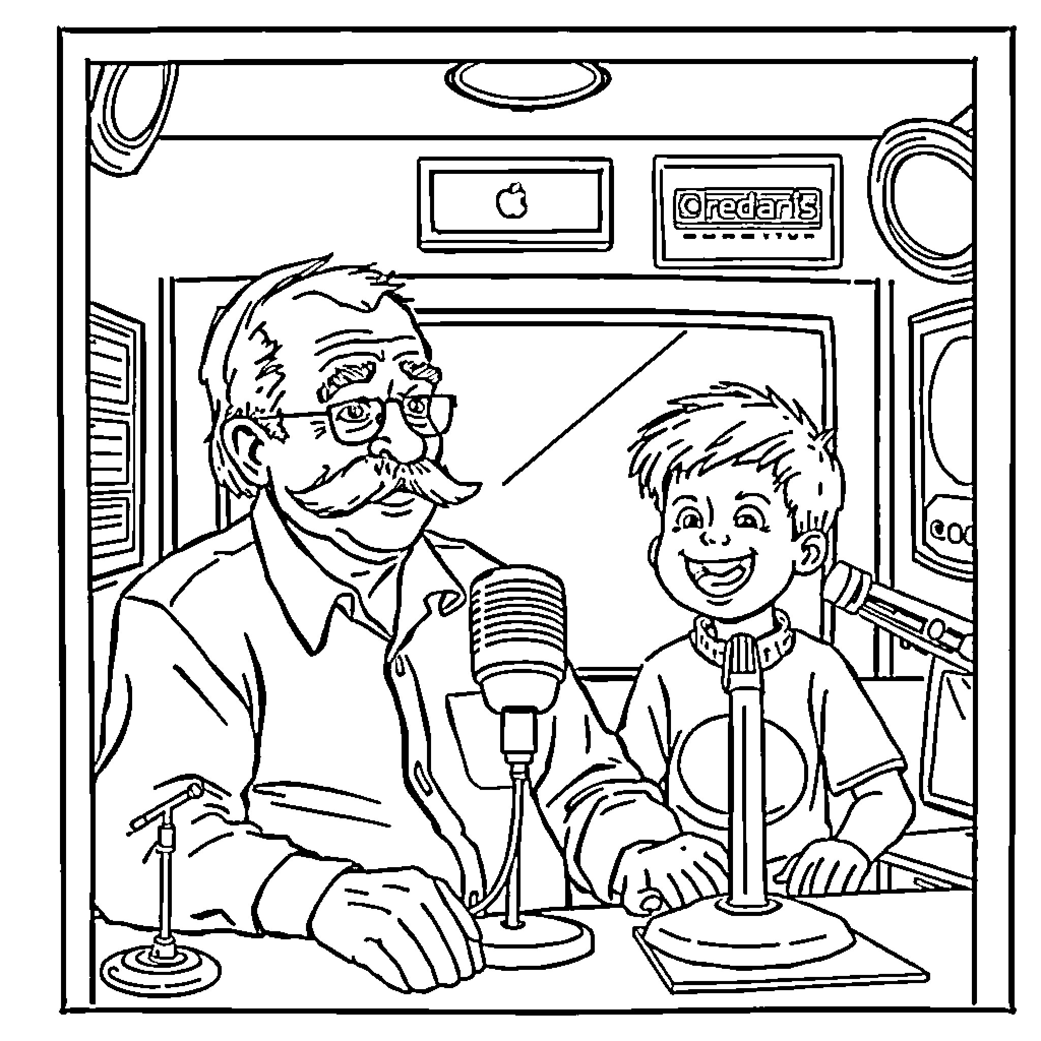Grandpa Hosts Radio Show with Grandson Coloring Page (free black-and-white line drawing printable PDF for all, from beginners to advanced learners, including children, teens, adults, and seniors)