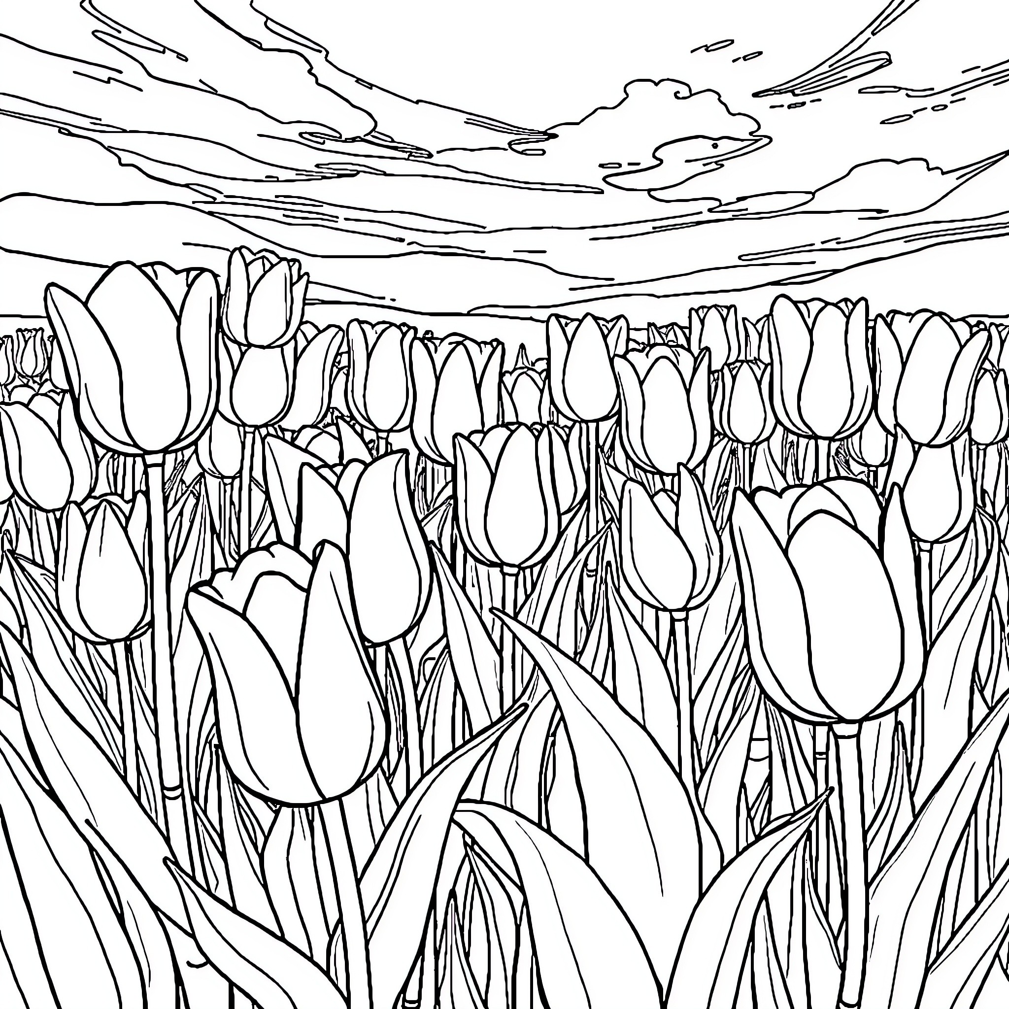 Tulip Field Blooming under Cloudy Sky Coloring Page (free black-and-white line drawing printable PDF for all, from beginners to advanced learners, including children, teens, adults, and seniors)