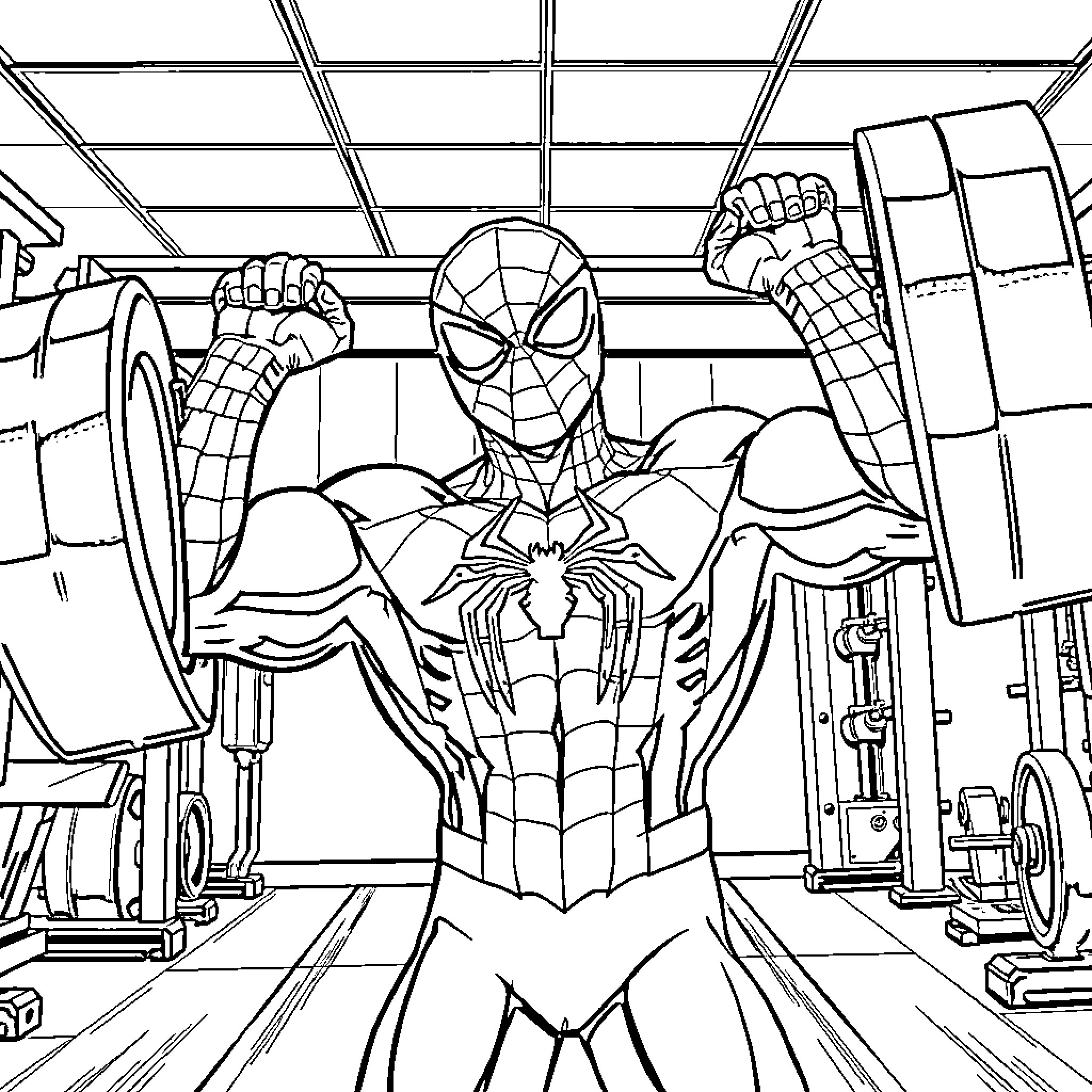 Spiderman Swings into Action in Heroic Pose Coloring Page (free black-and-white line drawing printable PDF for all, from beginners to advanced learners, including children, teens, adults, and seniors)